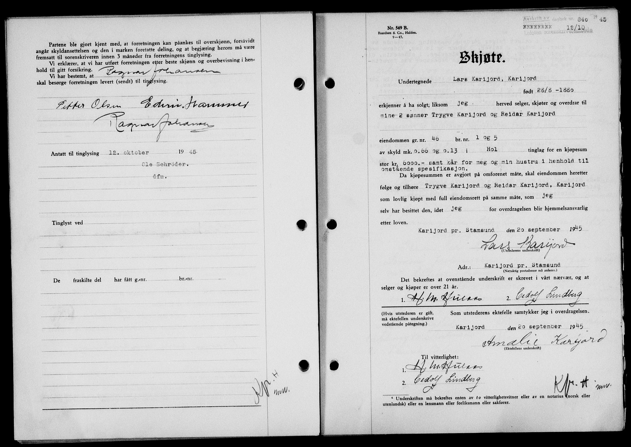 Lofoten sorenskriveri, SAT/A-0017/1/2/2C/L0013a: Mortgage book no. 13a, 1944-1946, Diary no: : 840/1945