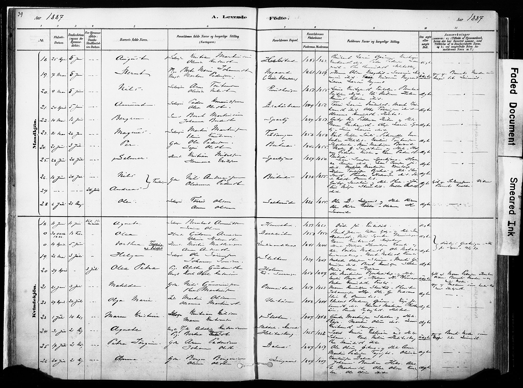 Hof prestekontor, SAH/PREST-038/H/Ha/Haa/L0010: Parish register (official) no. 10, 1878-1909, p. 39