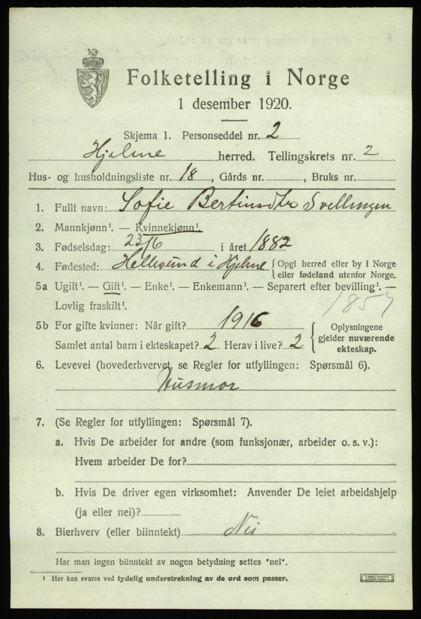 SAB, 1920 census for Hjelme, 1920, p. 1296