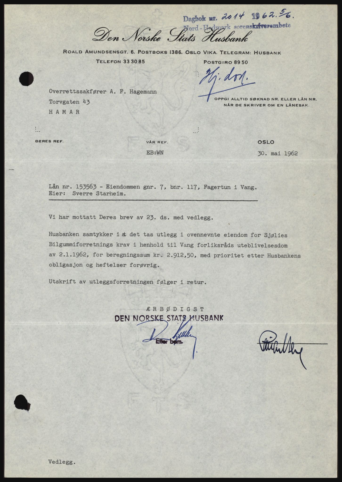 Nord-Hedmark sorenskriveri, SAH/TING-012/H/Hc/L0016: Mortgage book no. 16, 1962-1962, Diary no: : 2014/1962