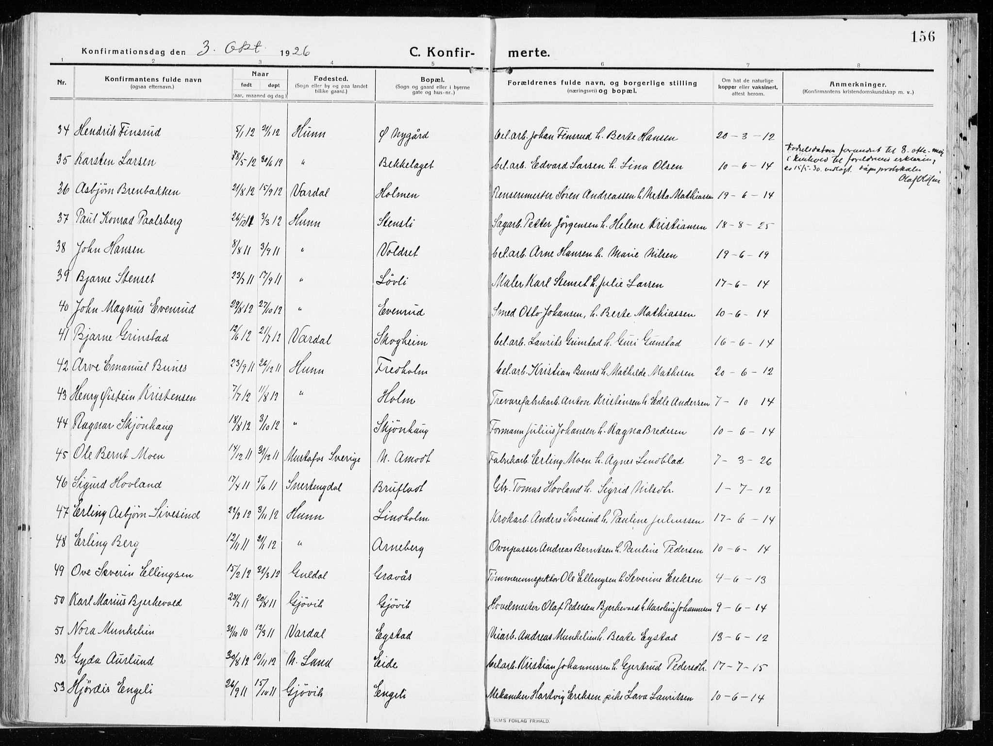 Vardal prestekontor, SAH/PREST-100/H/Ha/Haa/L0017: Parish register (official) no. 17, 1915-1929, p. 156