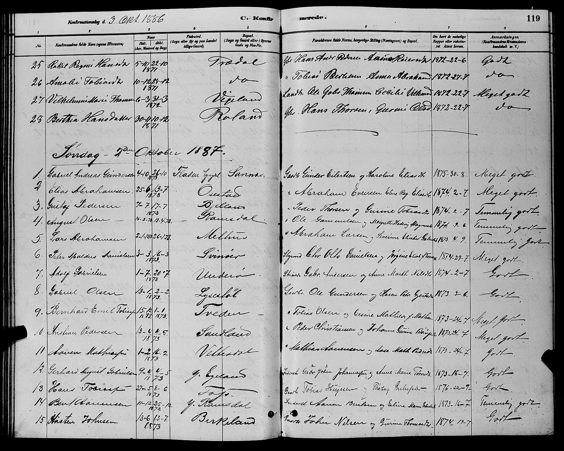 Sør-Audnedal sokneprestkontor, AV/SAK-1111-0039/F/Fb/Fbb/L0005: Parish register (copy) no. B 5, 1880-1892, p. 119