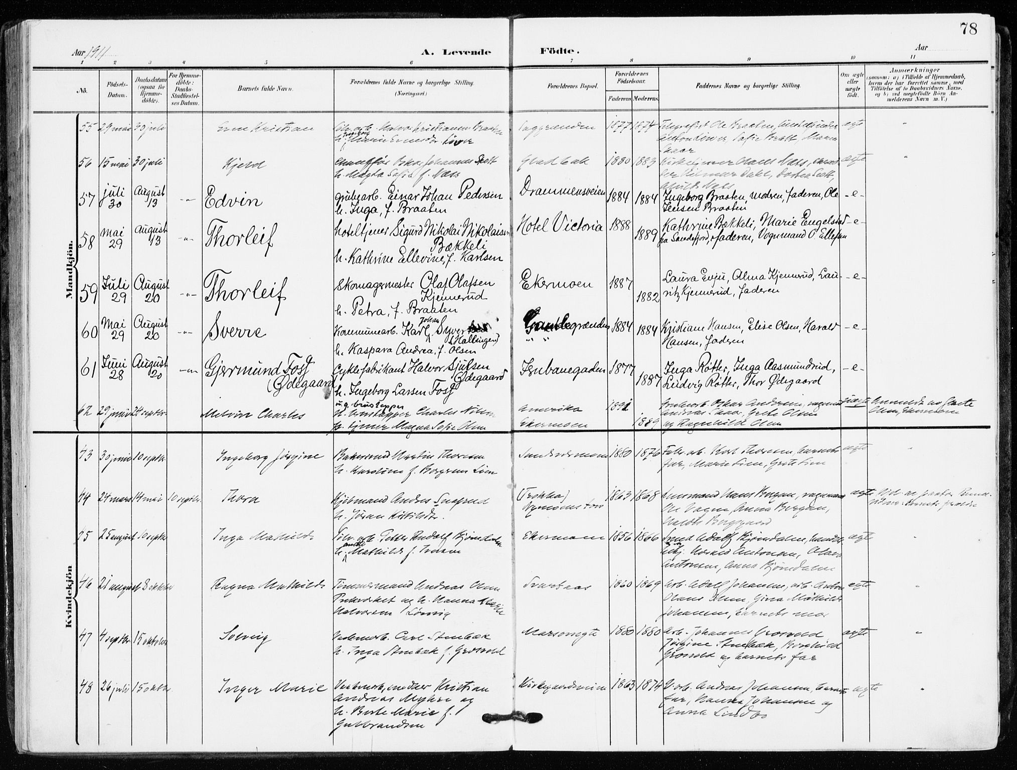 Kongsberg kirkebøker, AV/SAKO-A-22/F/Fb/L0004: Parish register (official) no. II 4, 1906-1918, p. 78