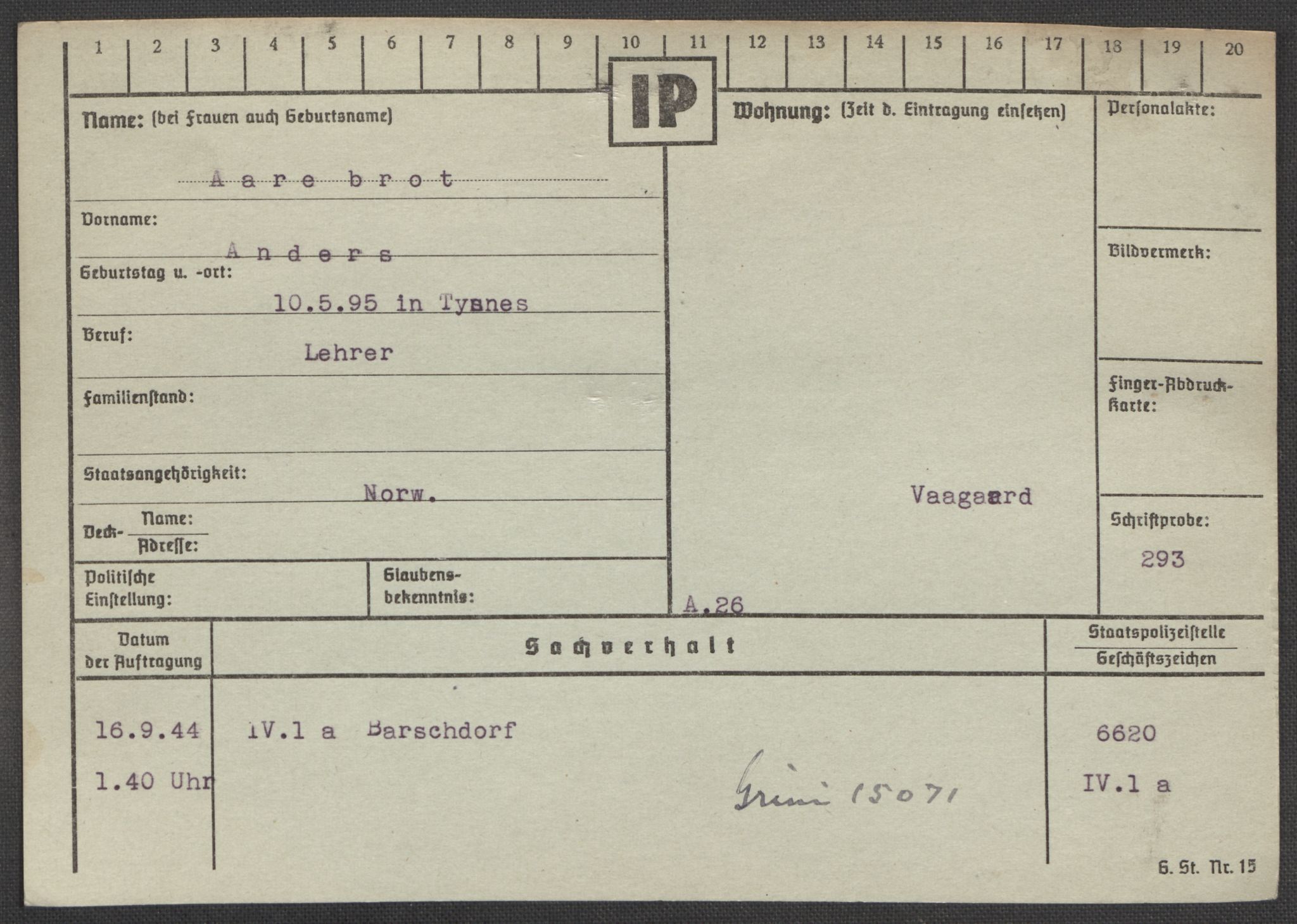 Befehlshaber der Sicherheitspolizei und des SD, AV/RA-RAFA-5969/E/Ea/Eaa/L0010: Register over norske fanger i Møllergata 19: Sø-Å, 1940-1945, p. 1452