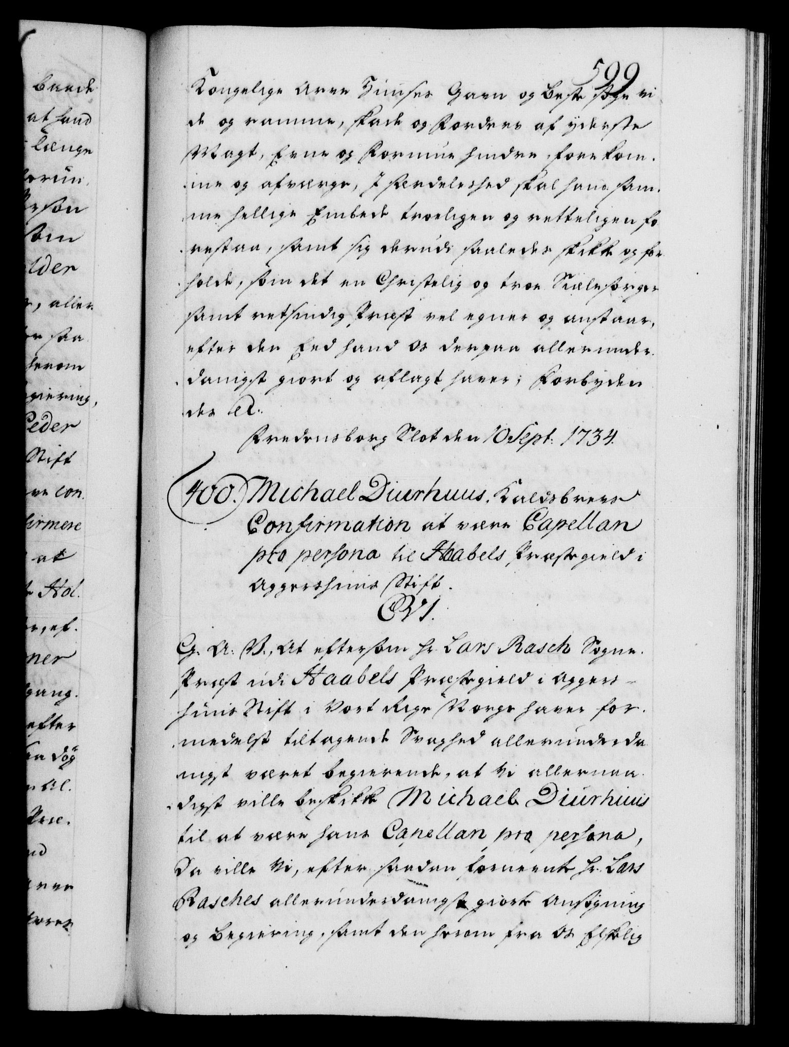 Danske Kanselli 1572-1799, AV/RA-EA-3023/F/Fc/Fca/Fcaa/L0028: Norske registre, 1733-1734, p. 599a