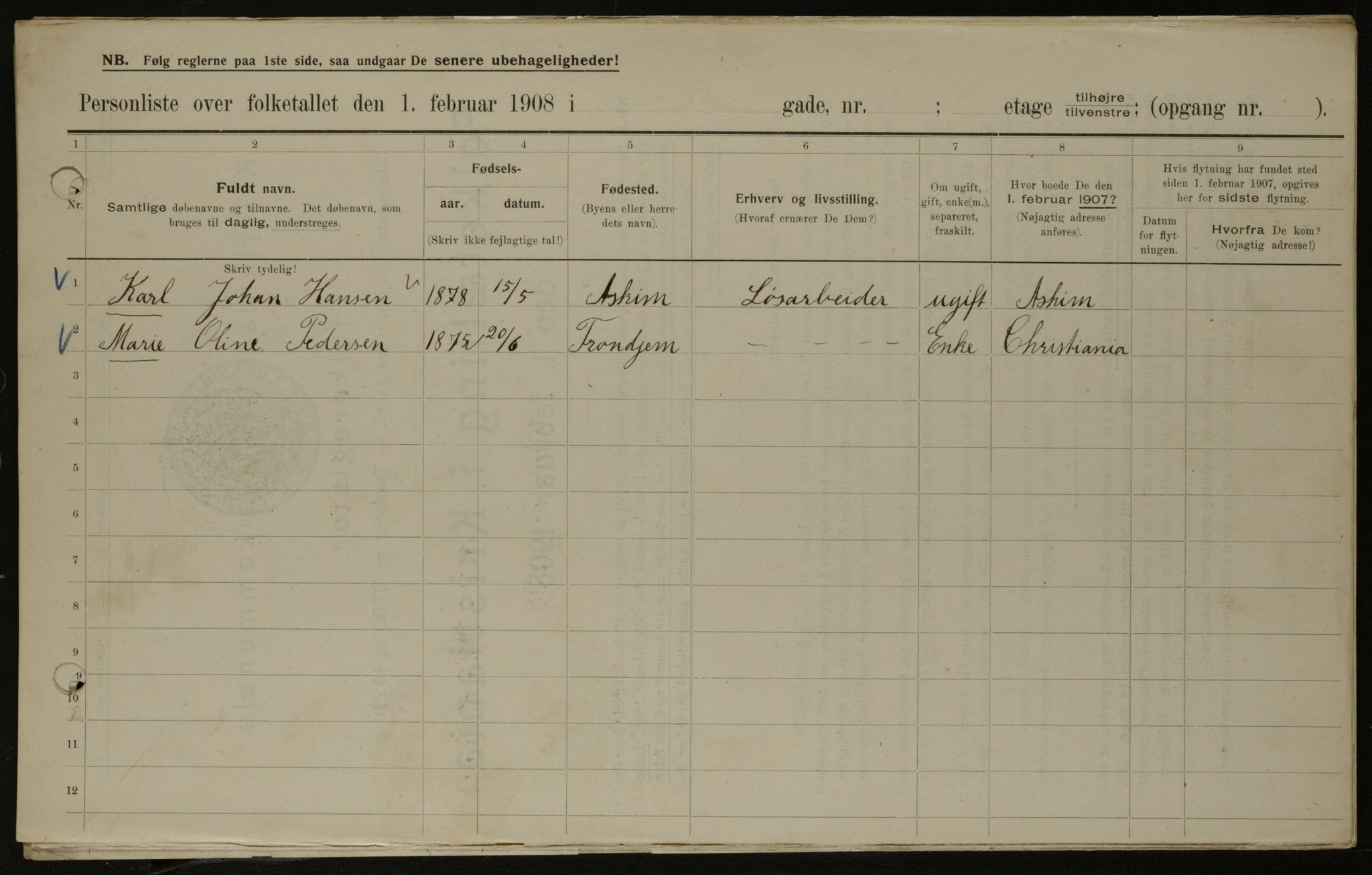 OBA, Municipal Census 1908 for Kristiania, 1908, p. 37936