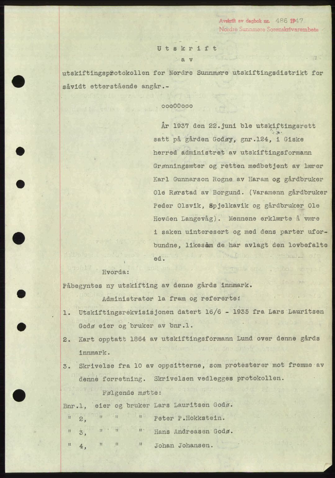 Nordre Sunnmøre sorenskriveri, AV/SAT-A-0006/1/2/2C/2Ca: Mortgage book no. A24, 1947-1947, Diary no: : 486/1947