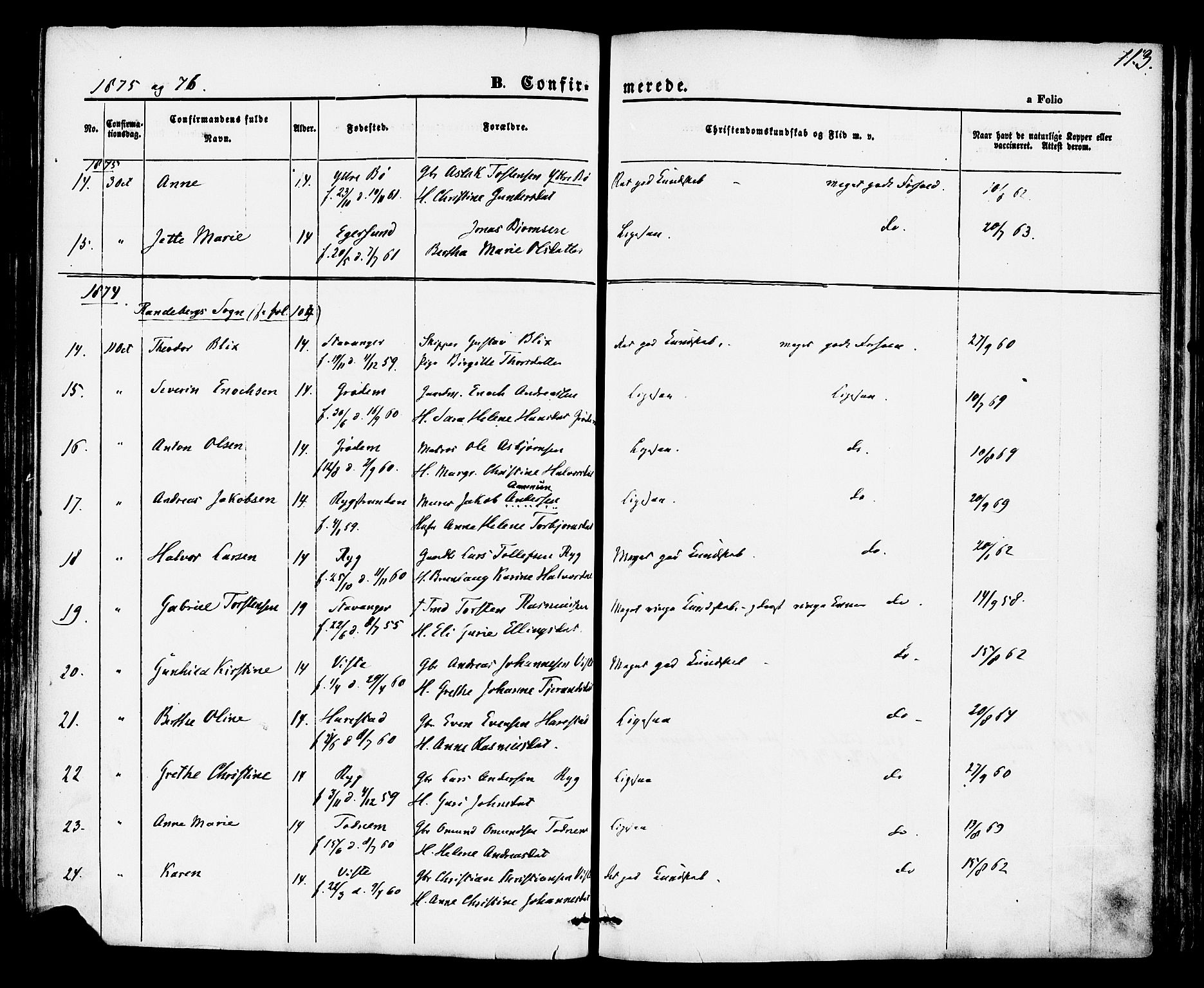 Hetland sokneprestkontor, AV/SAST-A-101826/30/30BA/L0004: Parish register (official) no. A 4, 1862-1881, p. 113