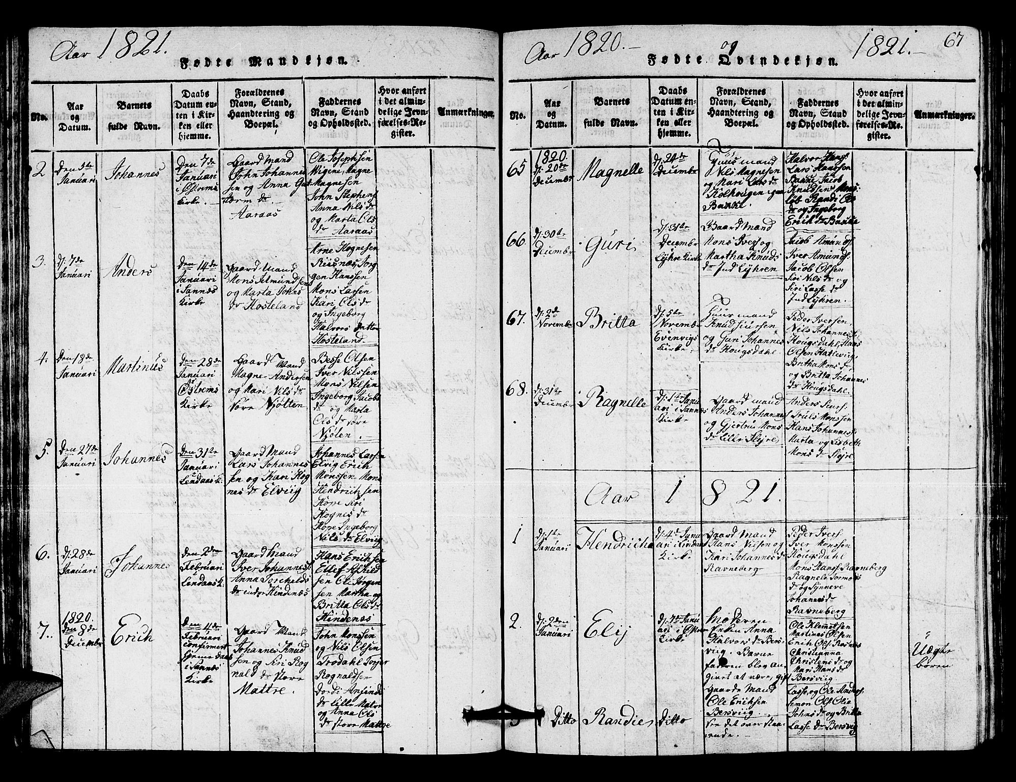 Lindås Sokneprestembete, SAB/A-76701/H/Hab: Parish register (copy) no. A 1, 1816-1823, p. 67