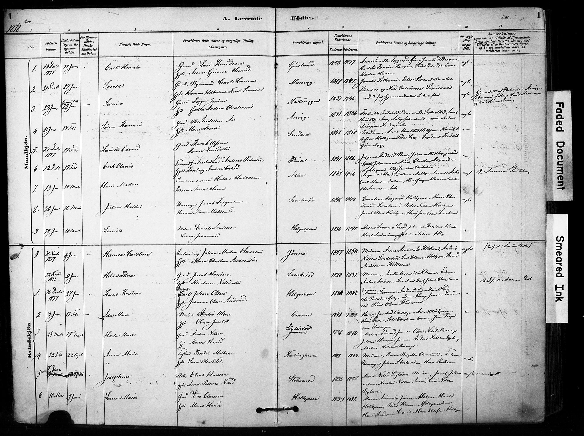 Brunlanes kirkebøker, AV/SAKO-A-342/F/Fb/L0001: Parish register (official) no. II 1, 1878-1899, p. 1