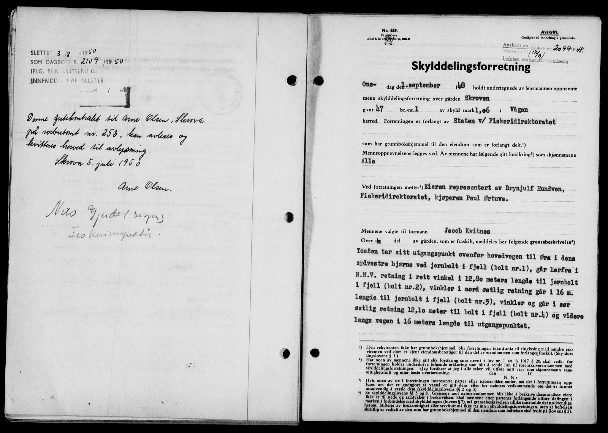 Lofoten sorenskriveri, SAT/A-0017/1/2/2C/L0019a: Mortgage book no. 19a, 1948-1948, Diary no: : 2099/1948