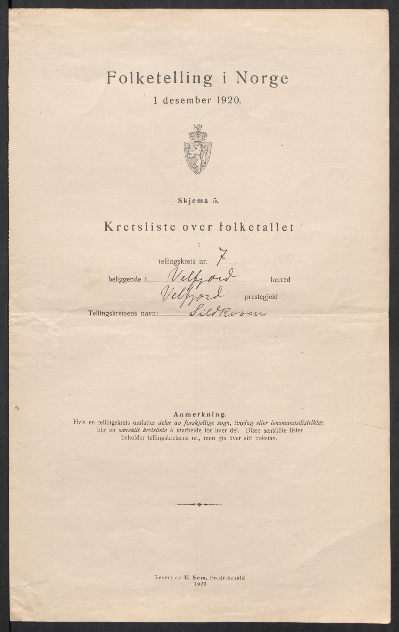 SAT, 1920 census for Velfjord, 1920, p. 30