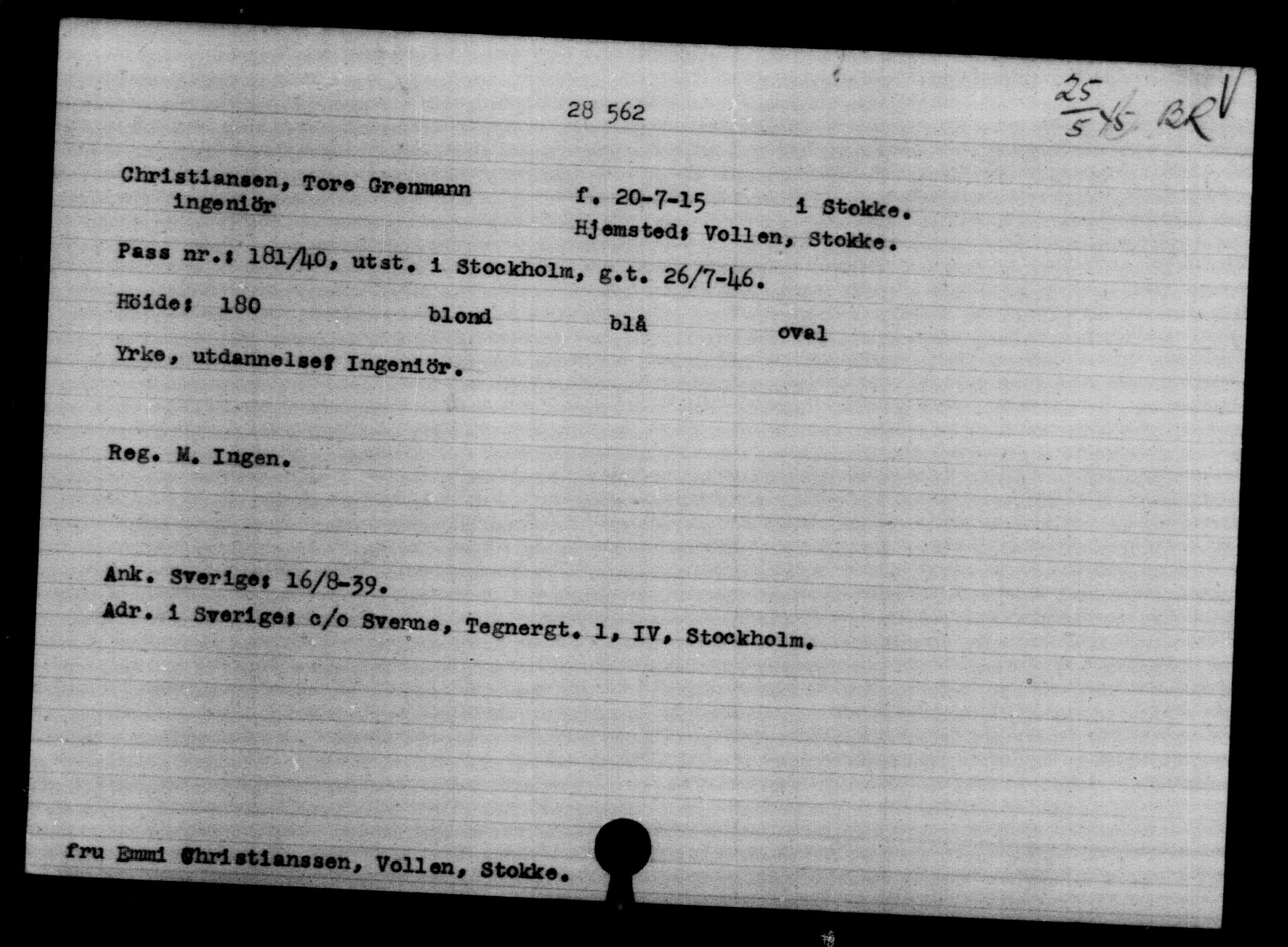 Den Kgl. Norske Legasjons Flyktningskontor, AV/RA-S-6753/V/Va/L0012: Kjesäterkartoteket.  Flyktningenr. 28300-31566, 1940-1945, p. 285