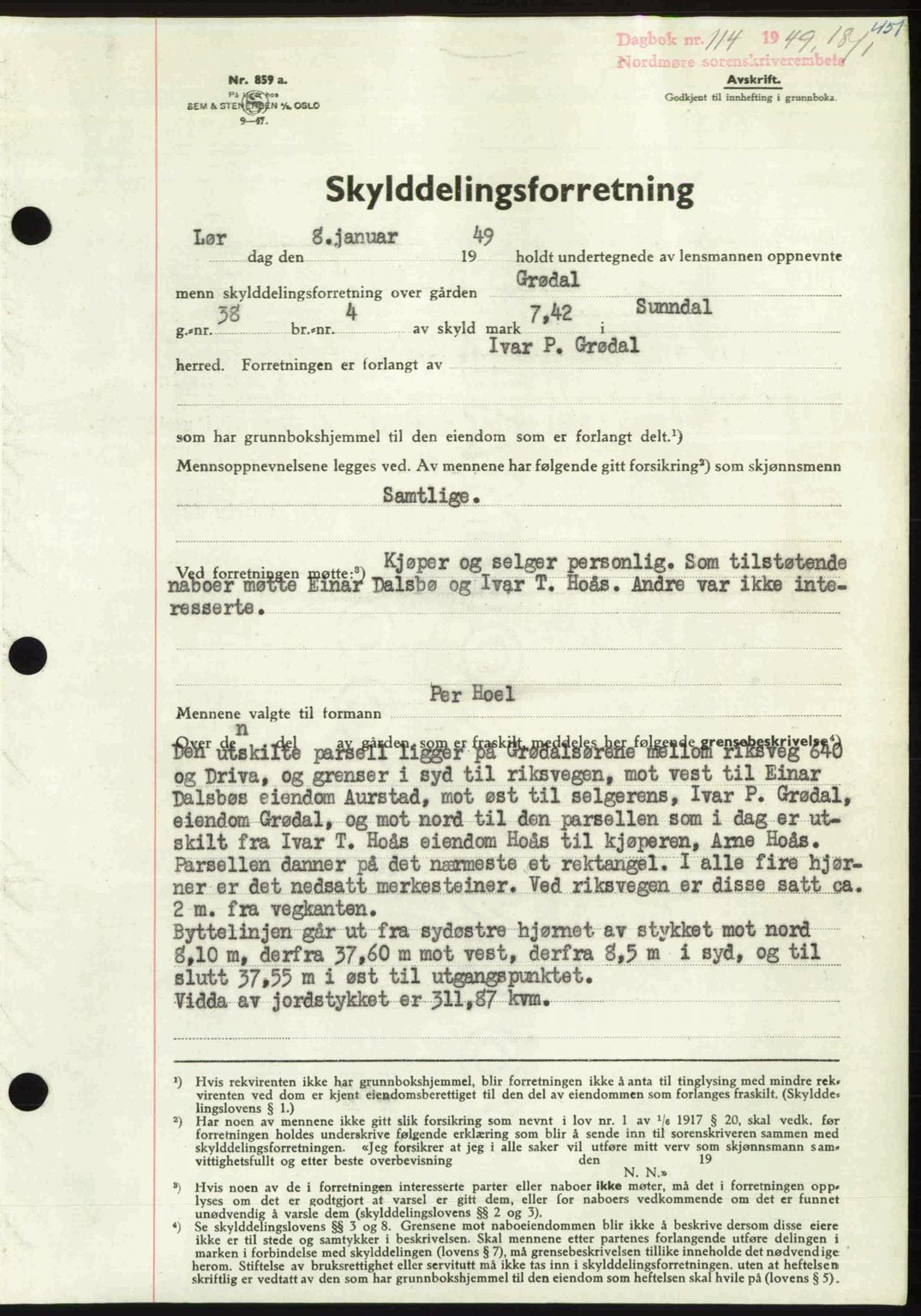 Nordmøre sorenskriveri, AV/SAT-A-4132/1/2/2Ca: Mortgage book no. A110, 1948-1949, Diary no: : 114/1949