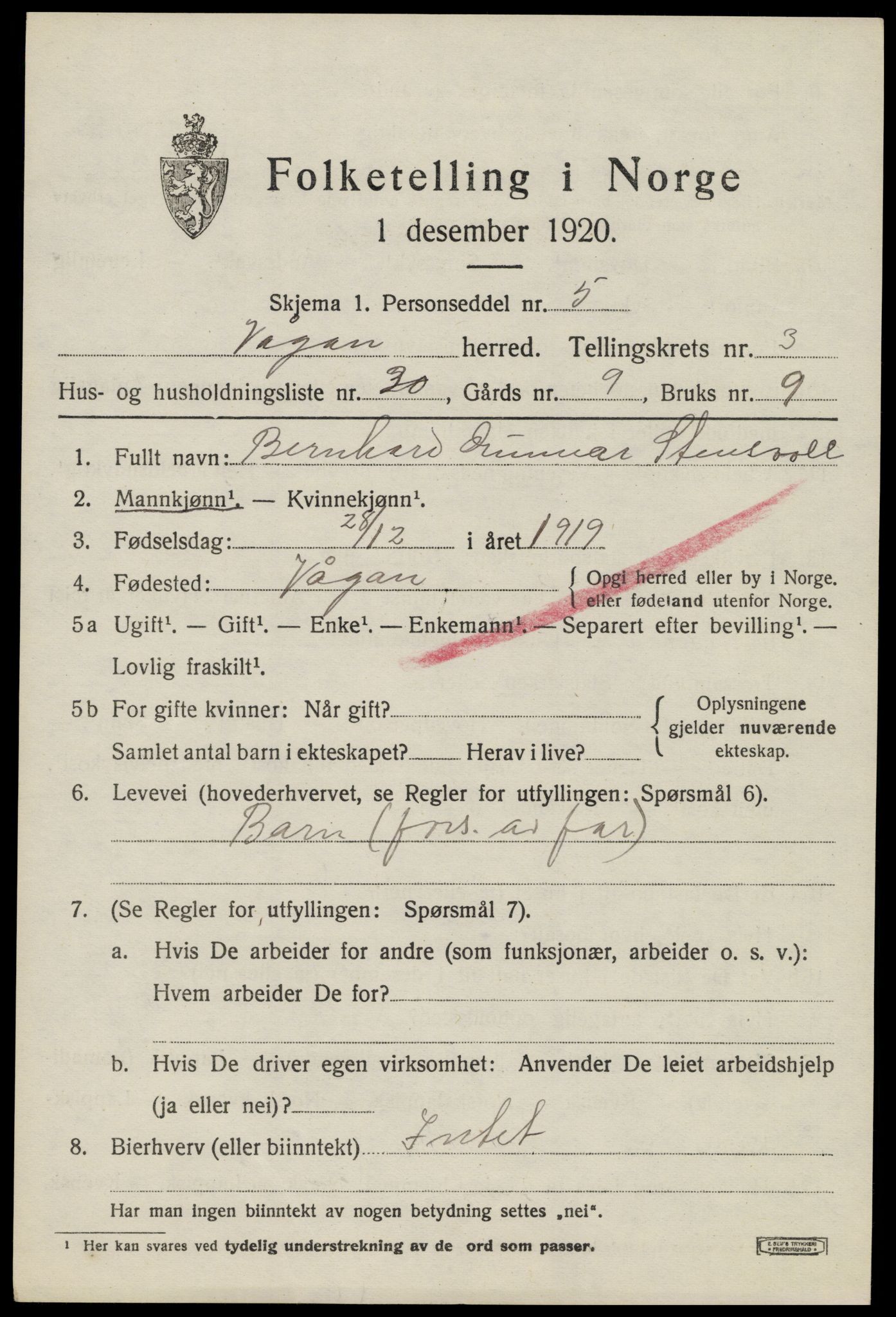 SAT, 1920 census for Vågan, 1920, p. 2951