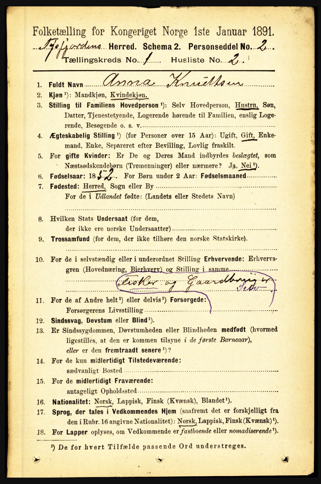 RA, 1891 census for 1850 Tysfjord, 1891, p. 86