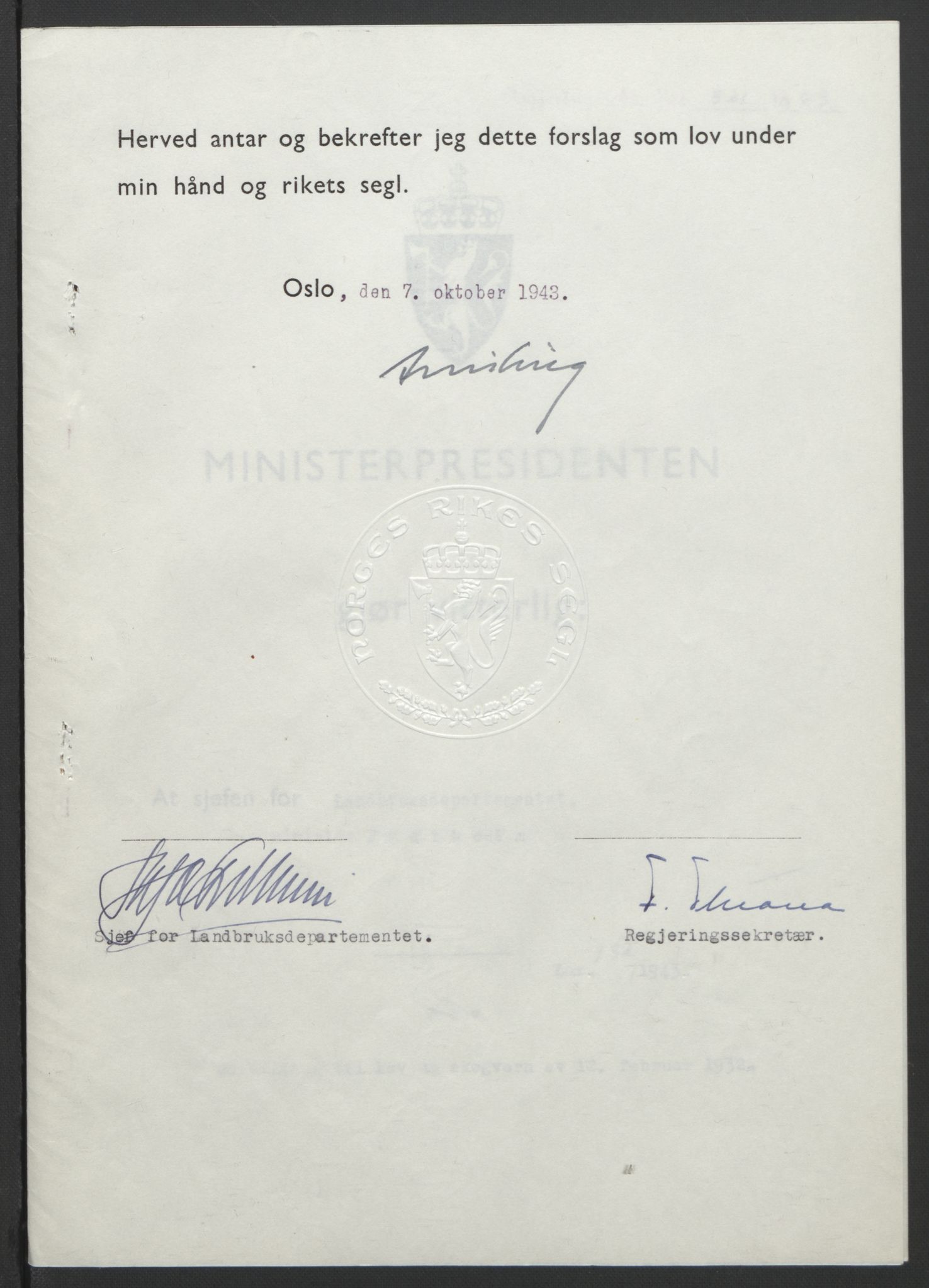 NS-administrasjonen 1940-1945 (Statsrådsekretariatet, de kommisariske statsråder mm), RA/S-4279/D/Db/L0099: Lover, 1943, p. 619