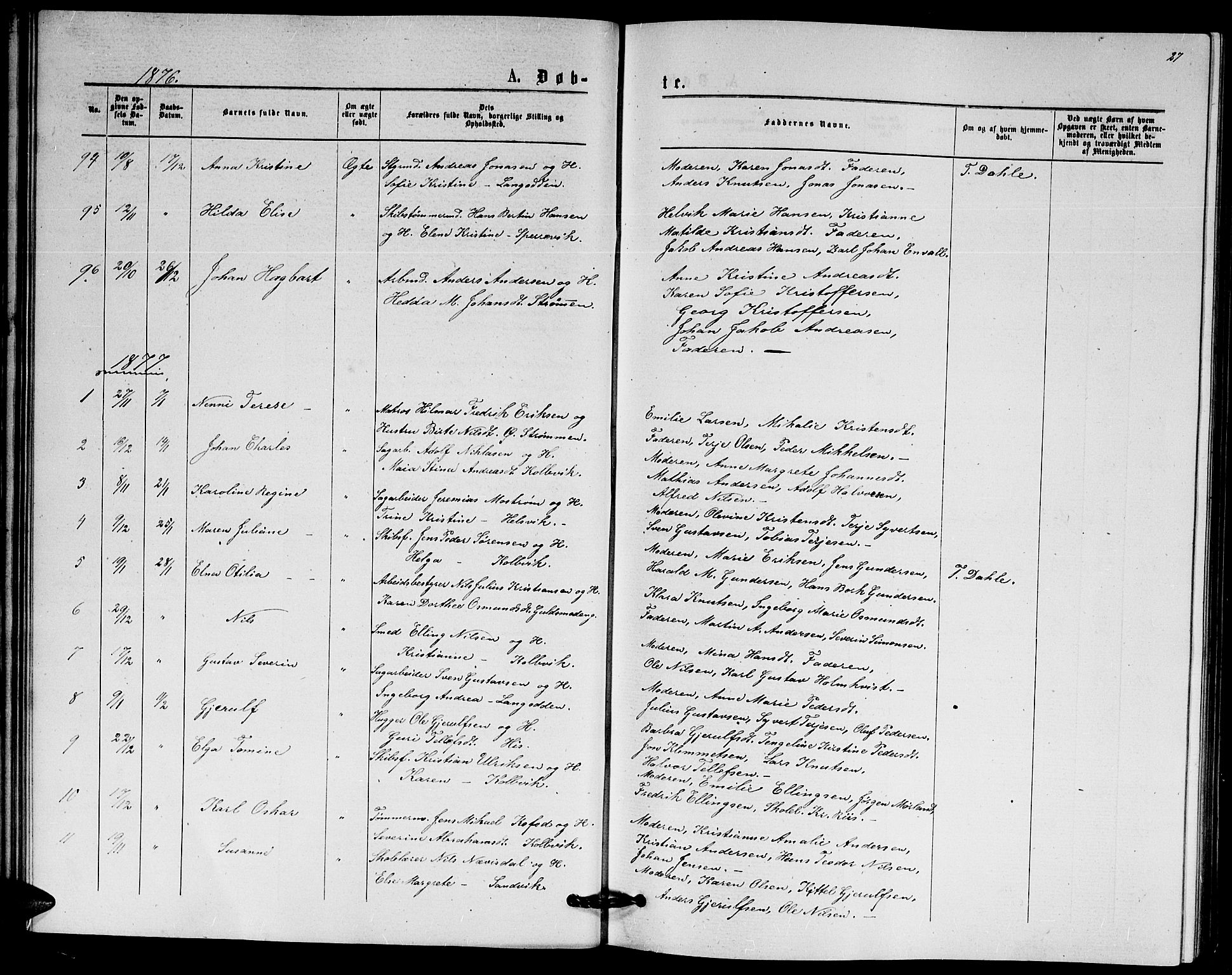 Hisøy sokneprestkontor, AV/SAK-1111-0020/F/Fb/L0002: Parish register (copy) no. B 2, 1873-1885, p. 27