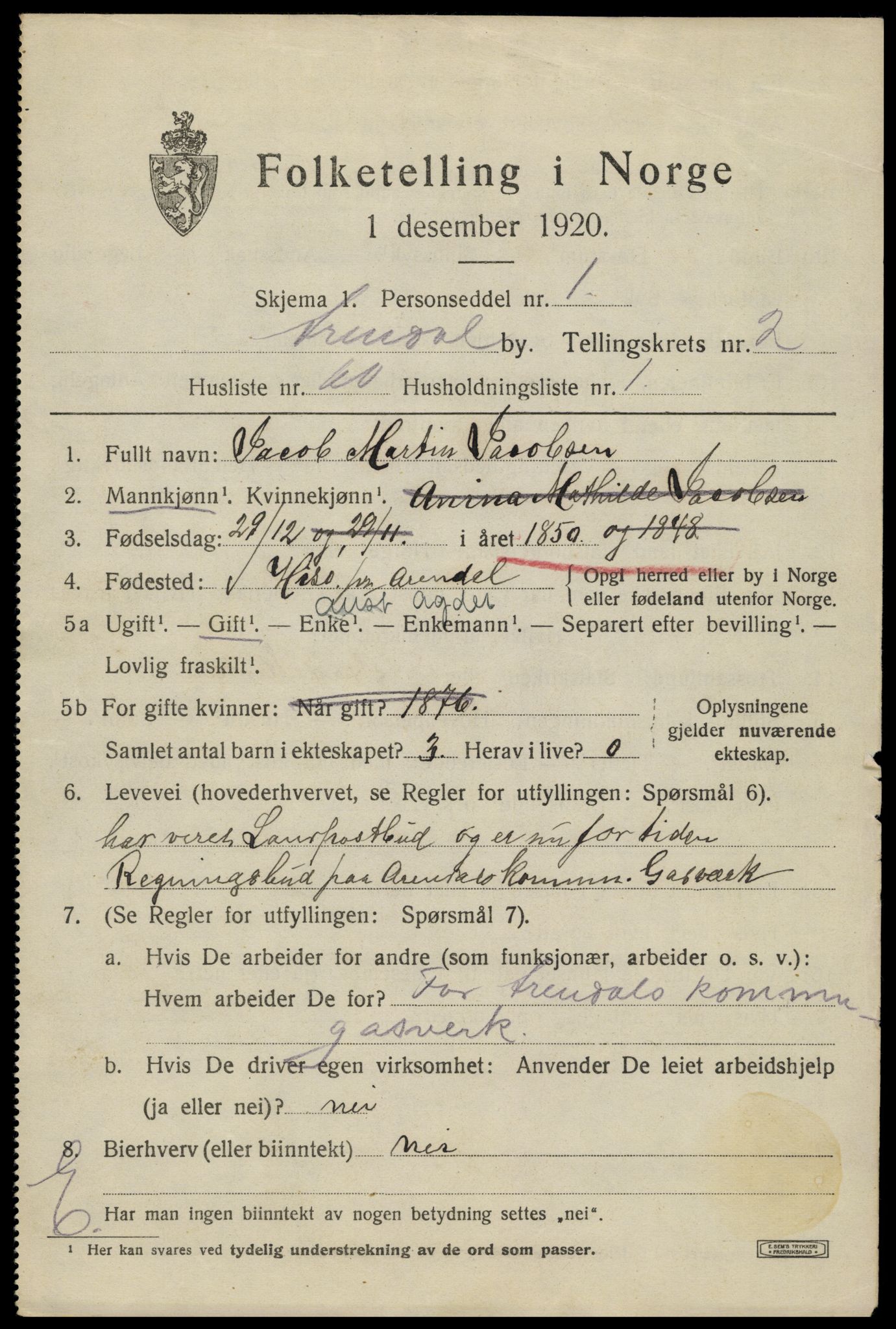 SAK, 1920 census for Arendal, 1920, p. 10780