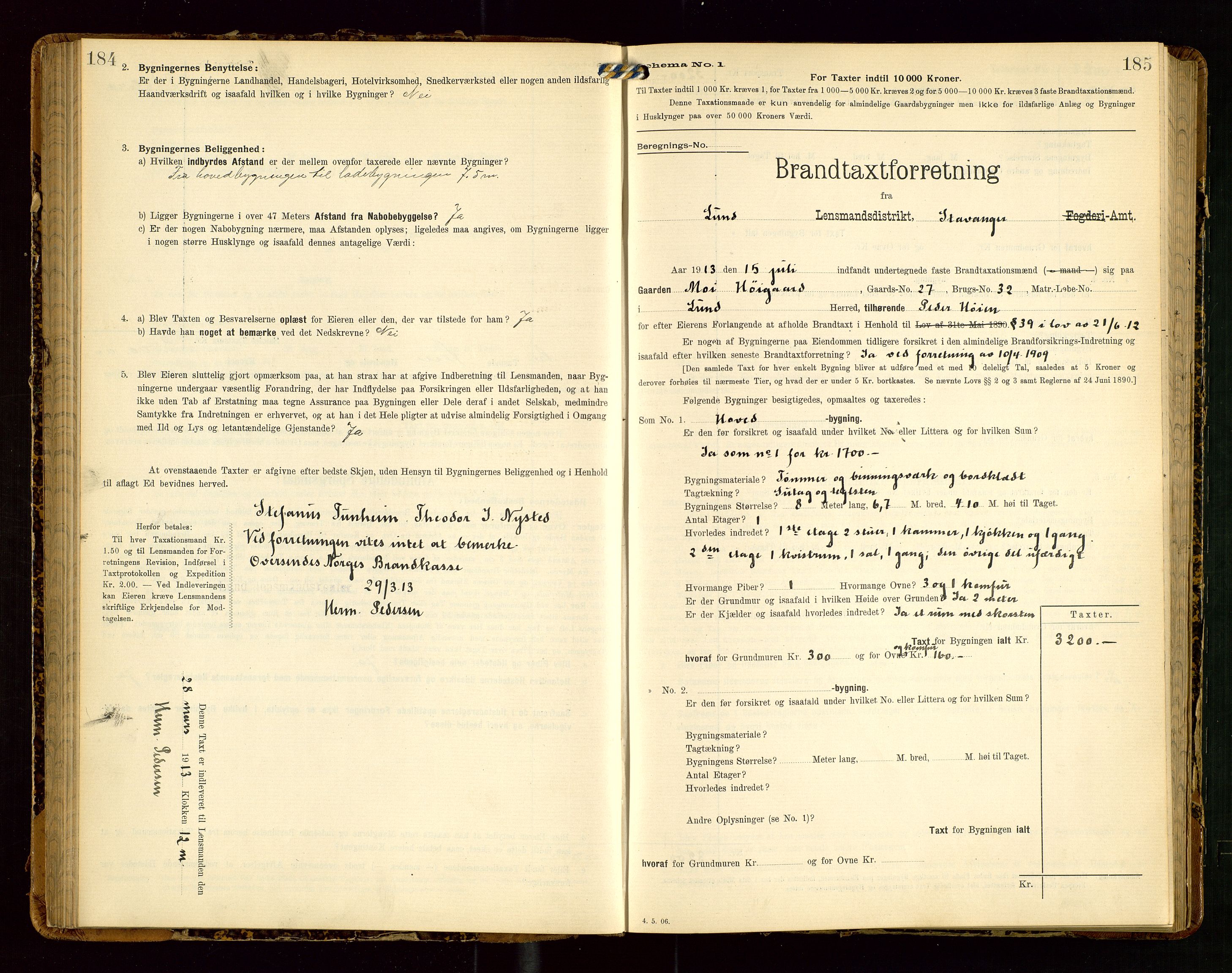 Lund lensmannskontor, AV/SAST-A-100303/Gob/L0002: "Brandtakstprotokol", 1908-1918, p. 184-185