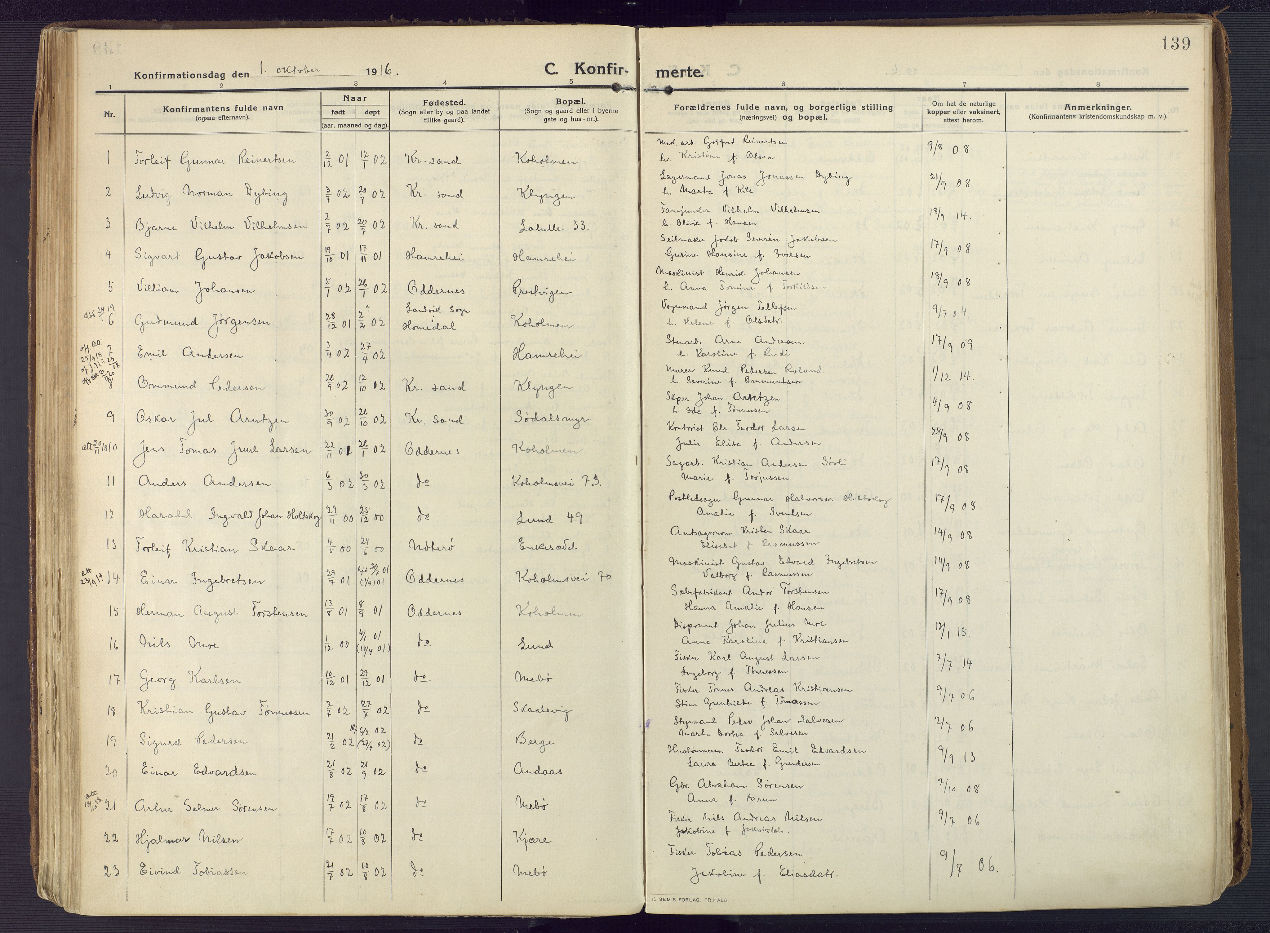 Oddernes sokneprestkontor, AV/SAK-1111-0033/F/Fa/Faa/L0012: Parish register (official) no. A 12, 1912-1925, p. 139