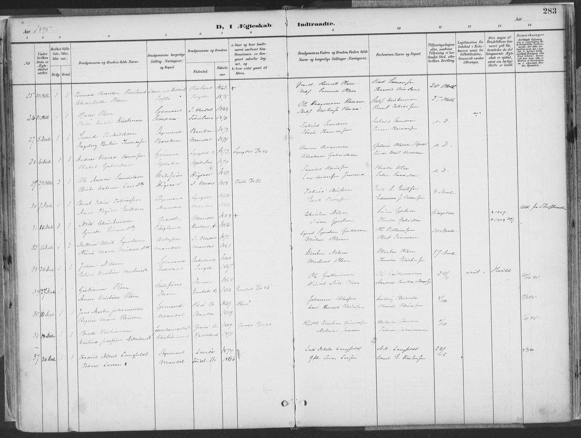 Mandal sokneprestkontor, SAK/1111-0030/F/Fa/Faa/L0018: Parish register (official) no. A 18, 1890-1905, p. 283
