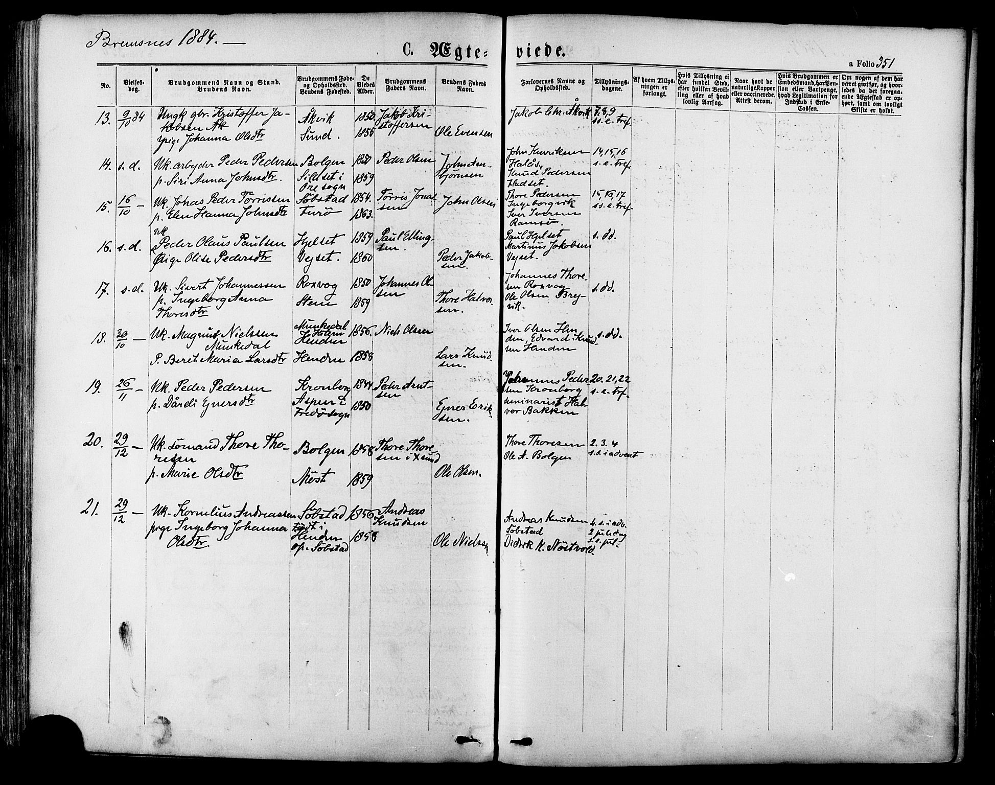 Ministerialprotokoller, klokkerbøker og fødselsregistre - Møre og Romsdal, SAT/A-1454/568/L0806: Parish register (official) no. 568A12 /3, 1878-1884, p. 351