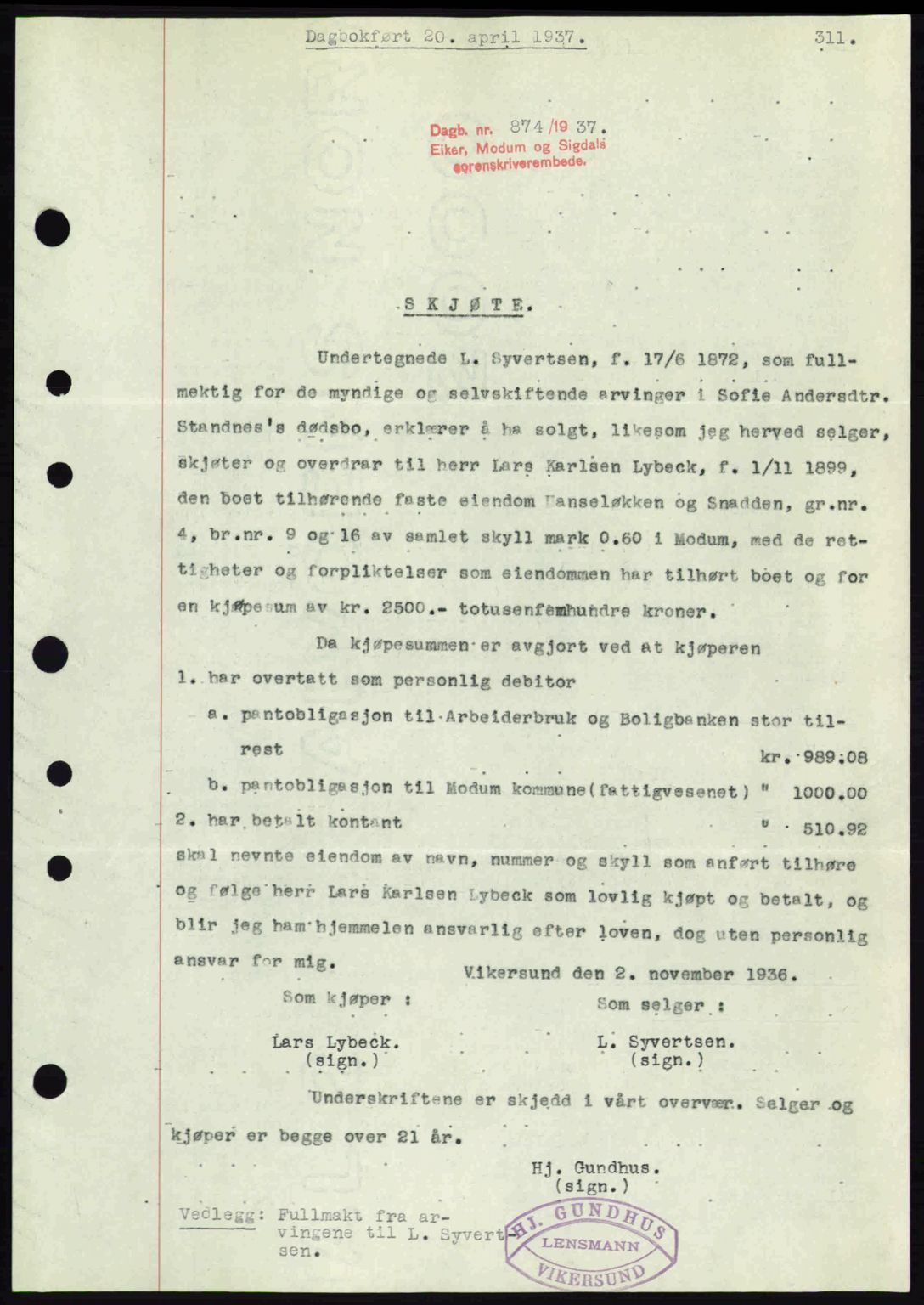 Eiker, Modum og Sigdal sorenskriveri, SAKO/A-123/G/Ga/Gab/L0035: Mortgage book no. A5, 1937-1937, Diary no: : 874/1937