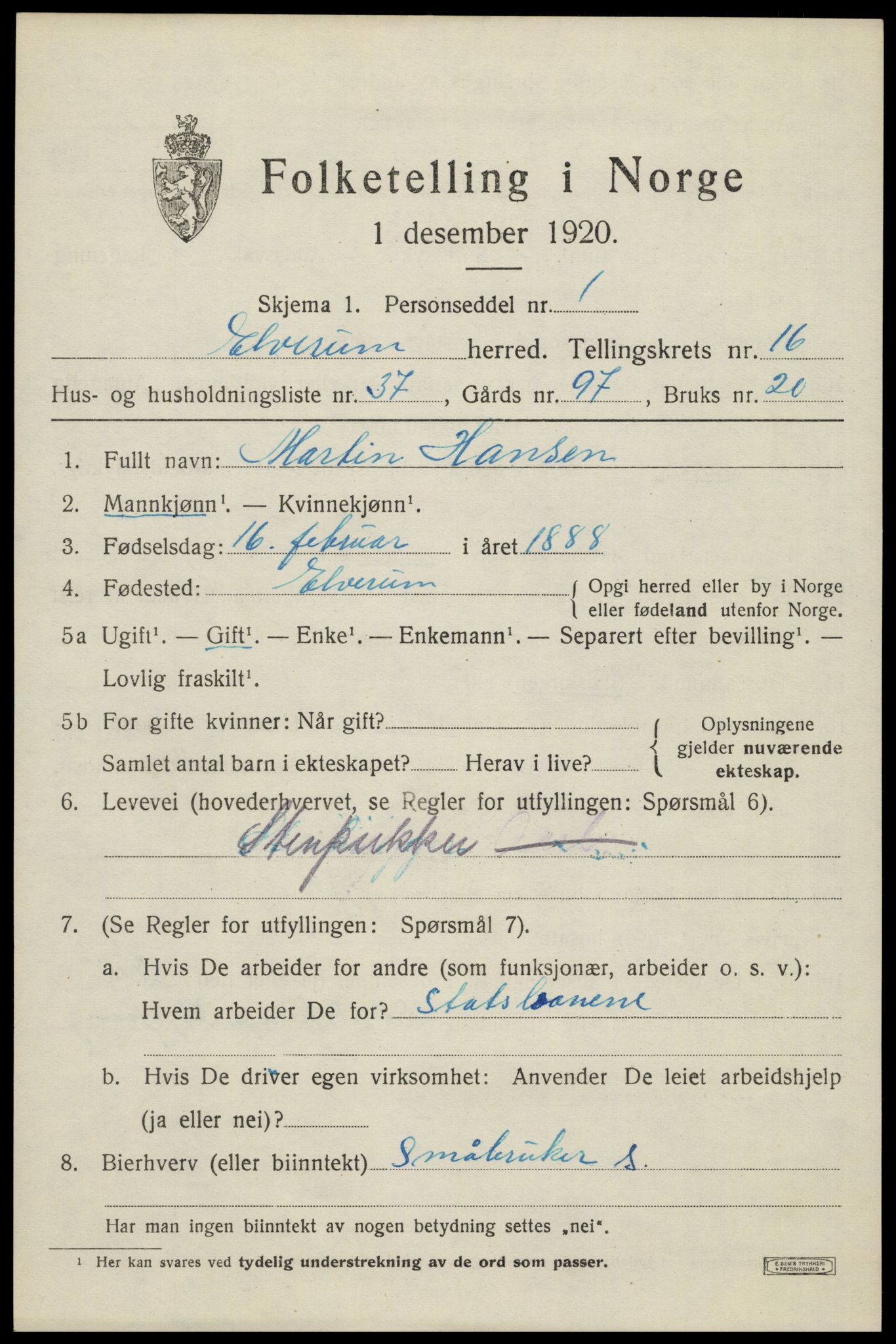 SAH, 1920 census for Elverum, 1920, p. 21200