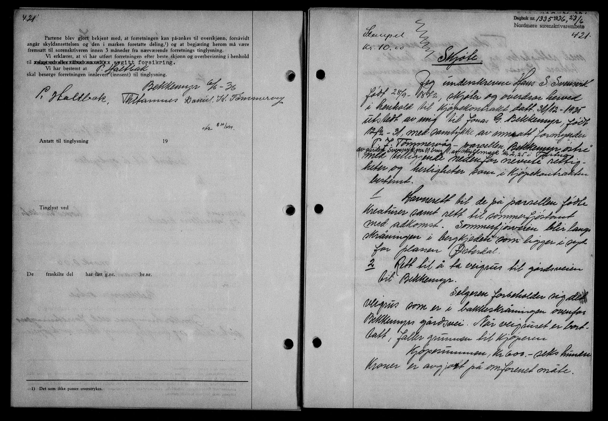 Nordmøre sorenskriveri, AV/SAT-A-4132/1/2/2Ca/L0088: Mortgage book no. 78, 1936-1936, Diary no: : 1335/1936