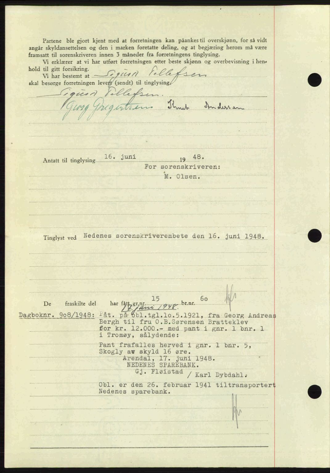 Nedenes sorenskriveri, AV/SAK-1221-0006/G/Gb/Gba/L0059: Mortgage book no. A11, 1948-1948, Diary no: : 907/1948