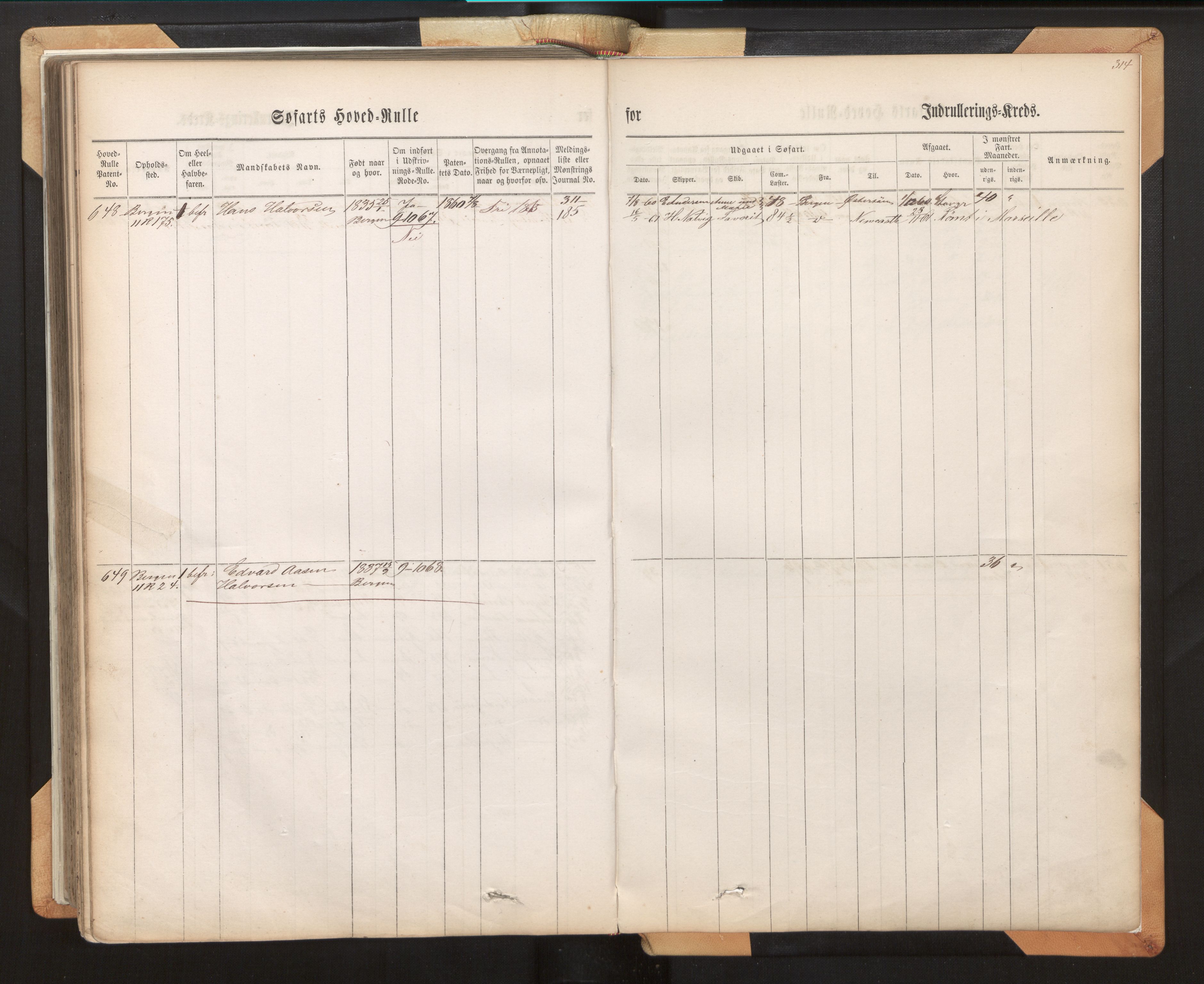 Innrulleringssjefen i Bergen, AV/SAB-A-100050/F/Fh/L0007: Sjøfarts-hovedrulle for Bergen krets, fol. 1 - 315, 1860-1865, p. 314