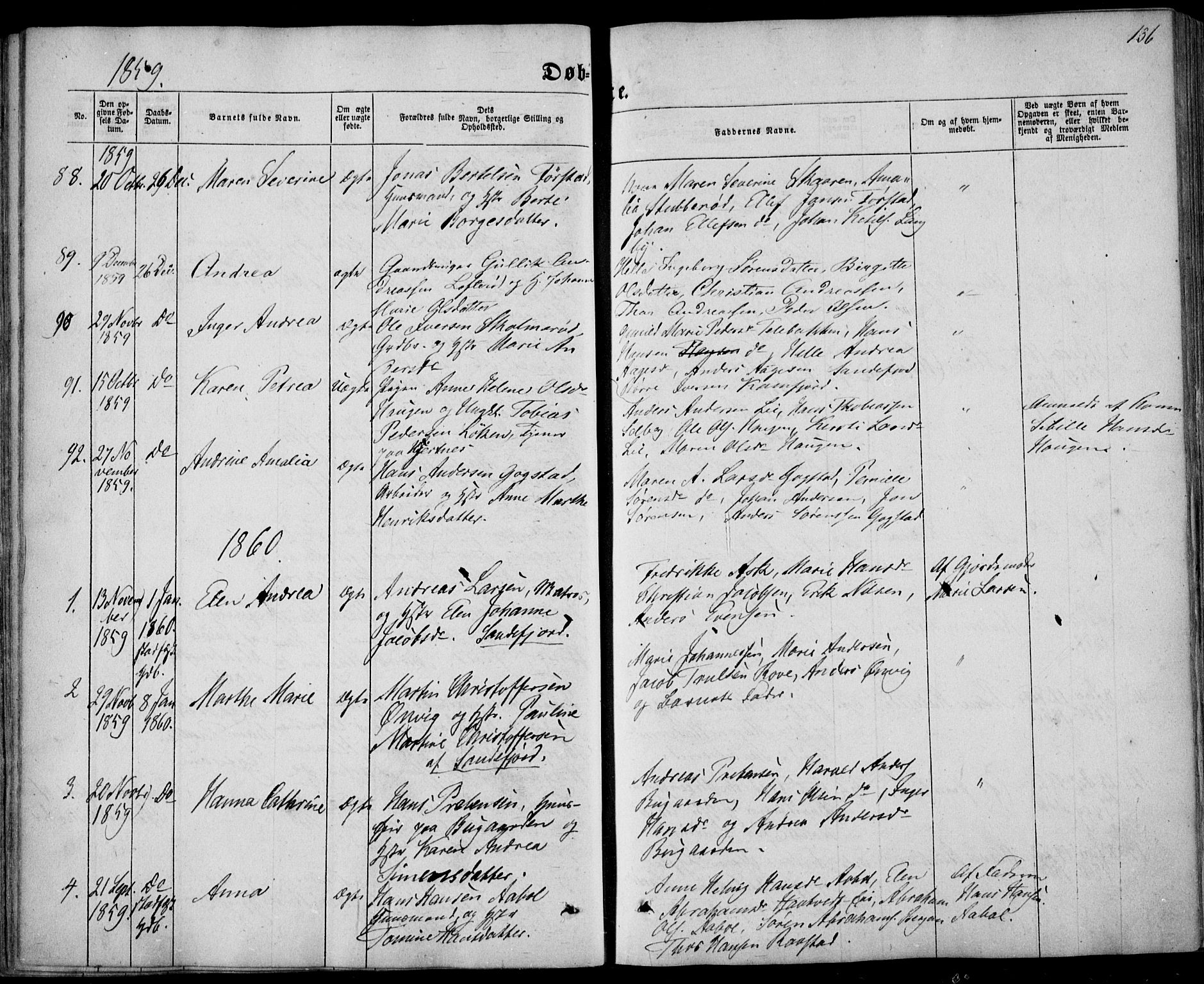 Sandar kirkebøker, AV/SAKO-A-243/F/Fa/L0007: Parish register (official) no. 7, 1855-1861, p. 136