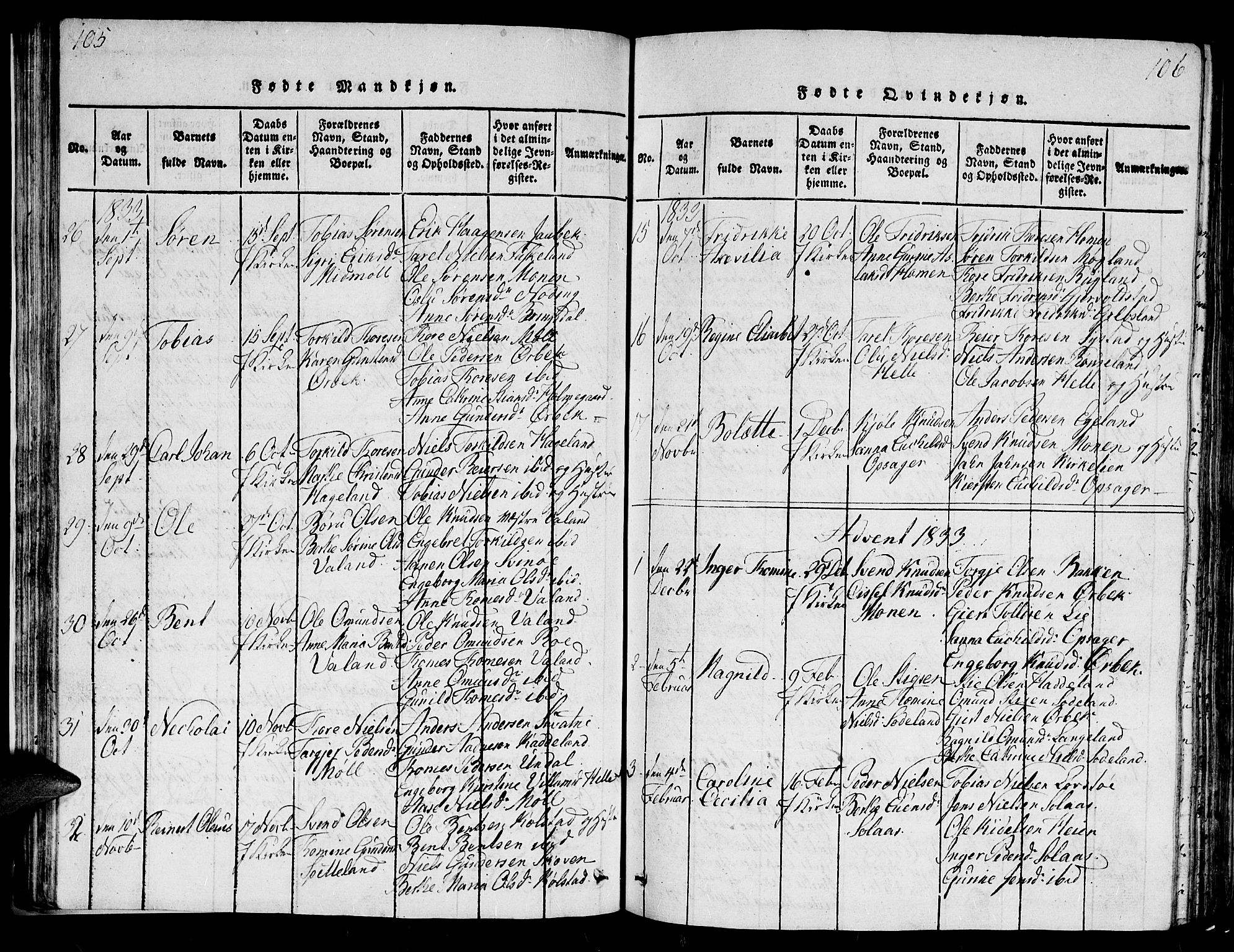 Holum sokneprestkontor, SAK/1111-0022/F/Fb/Fba/L0002: Parish register (copy) no. B 2, 1820-1849, p. 105-106
