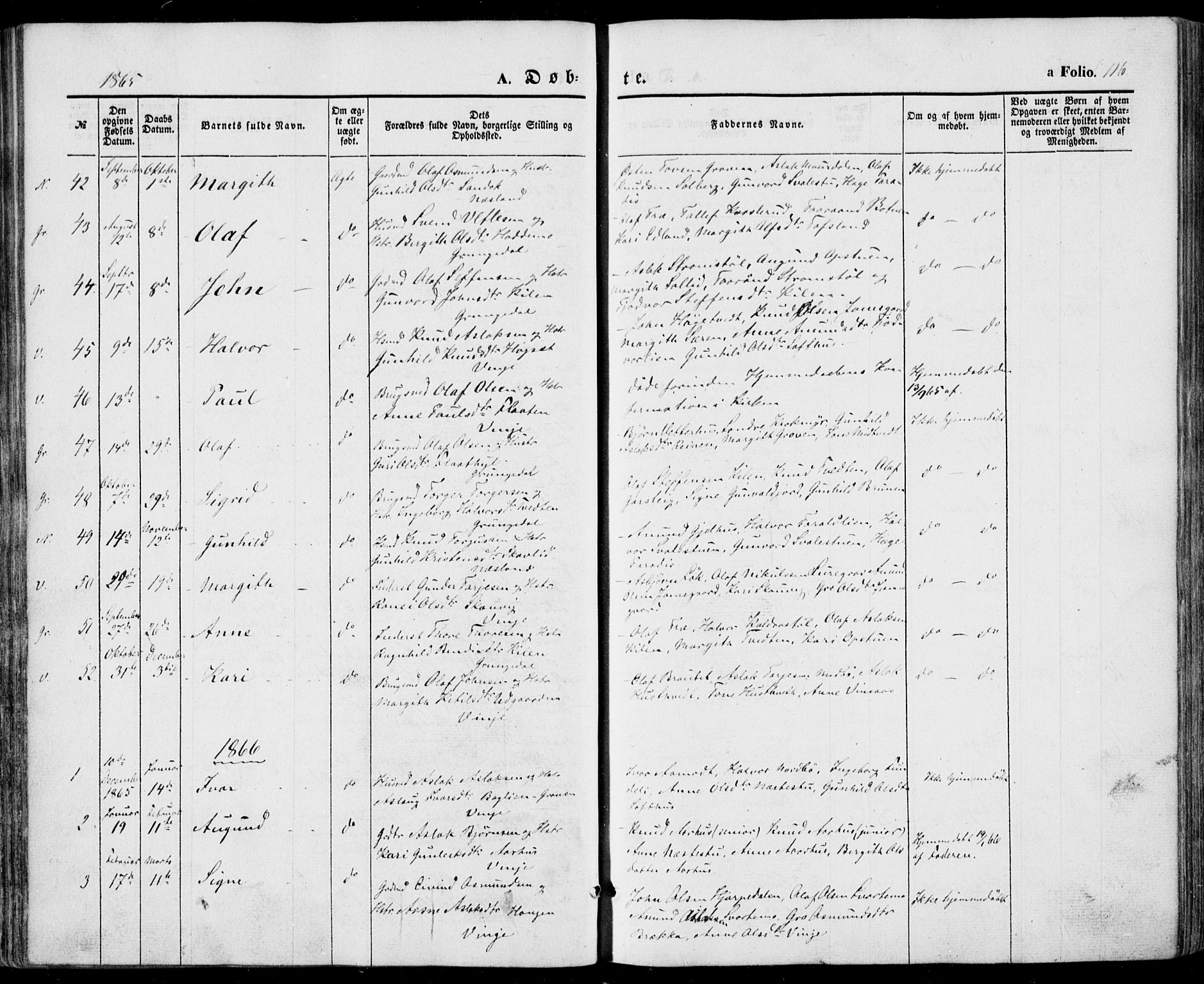 Vinje kirkebøker, SAKO/A-312/F/Fa/L0004: Parish register (official) no. I 4, 1843-1869, p. 116