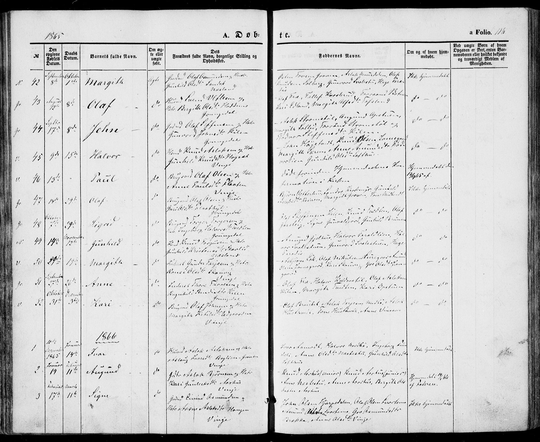 Vinje kirkebøker, AV/SAKO-A-312/F/Fa/L0004: Parish register (official) no. I 4, 1843-1869, p. 116