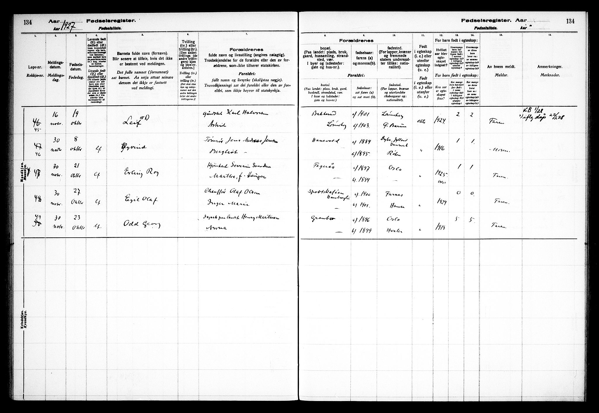 Skedsmo prestekontor Kirkebøker, AV/SAO-A-10033a/J/Jb/L0001: Birth register no. II 1, 1916-1932, p. 134