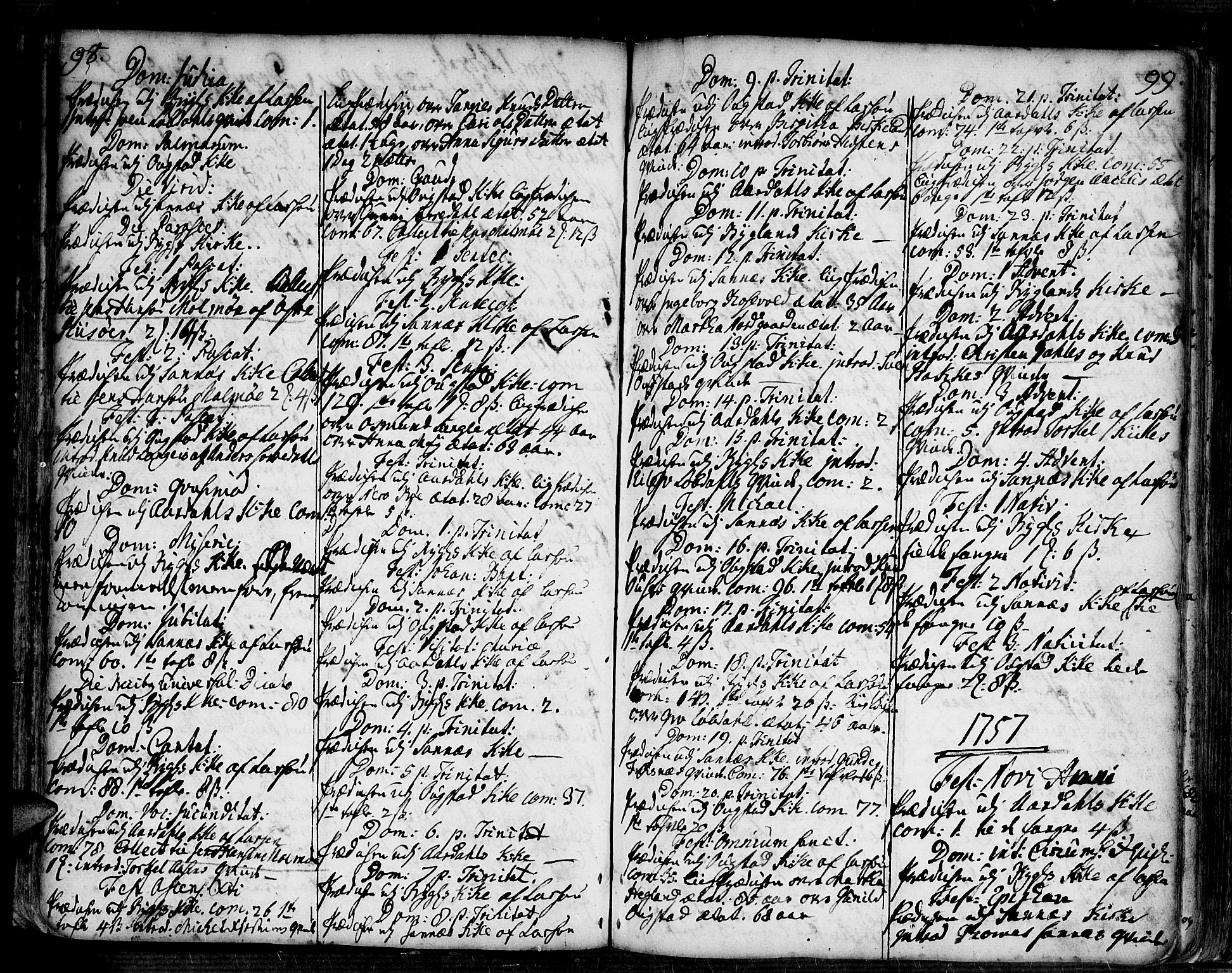 Bygland sokneprestkontor, SAK/1111-0006/F/Fa/Fab/L0001: Parish register (official) no. A 1, 1725-1766, p. 98-99