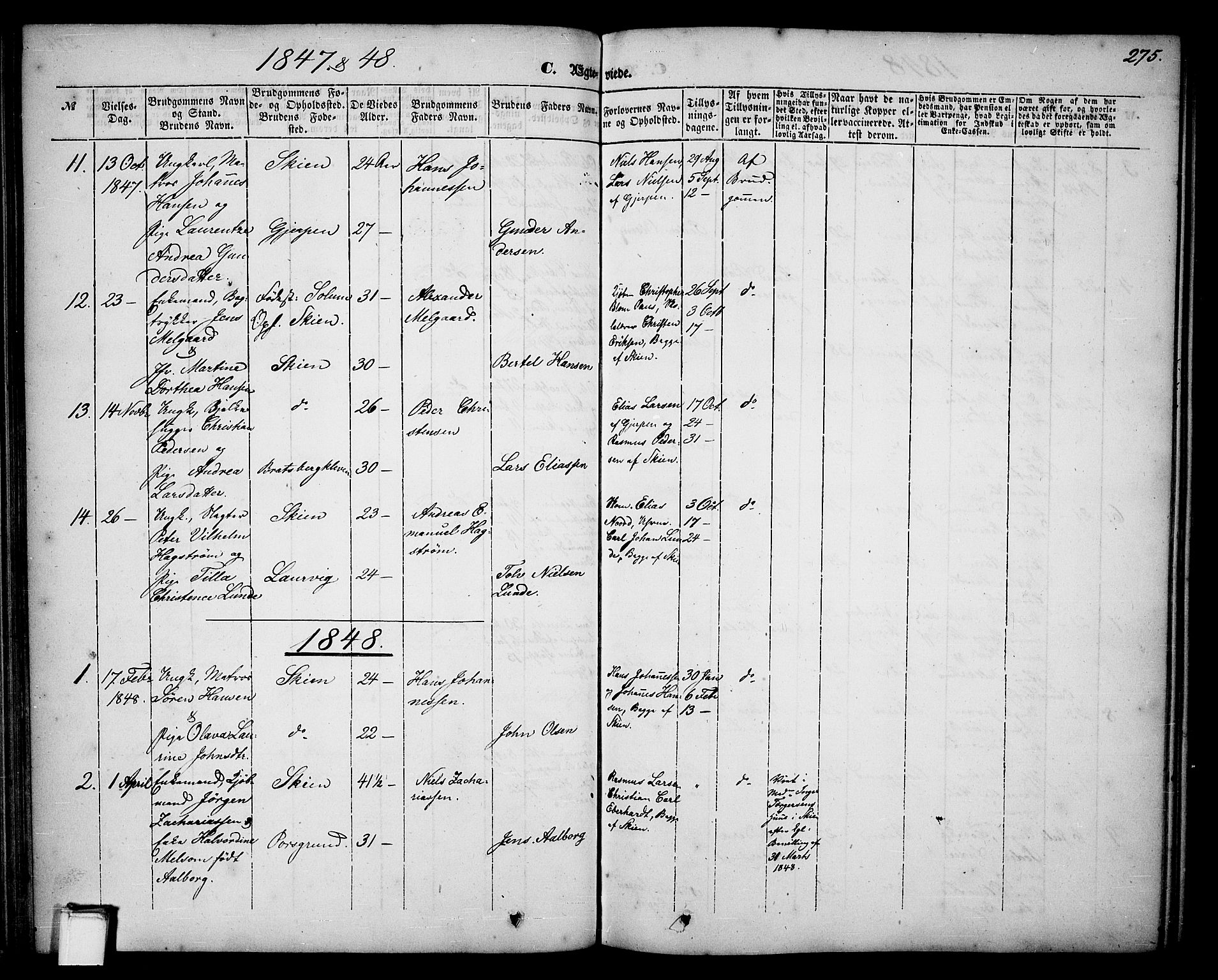 Skien kirkebøker, SAKO/A-302/G/Ga/L0004: Parish register (copy) no. 4, 1843-1867, p. 275