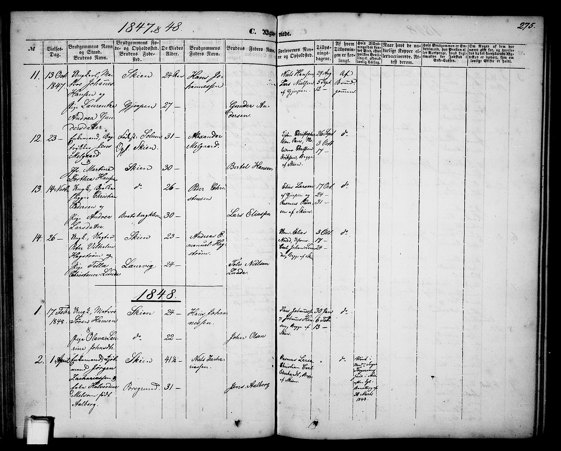 Skien kirkebøker, AV/SAKO-A-302/G/Ga/L0004: Parish register (copy) no. 4, 1843-1867, p. 275