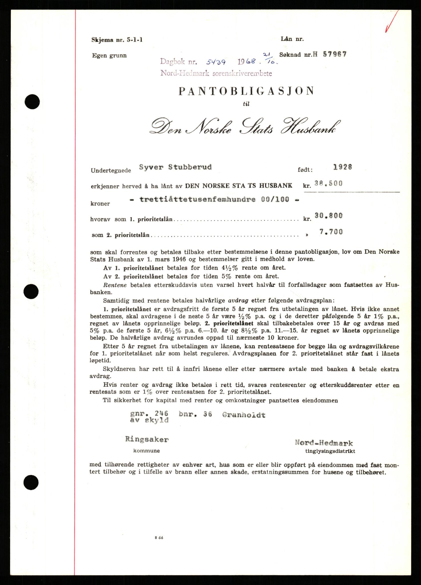 Nord-Hedmark sorenskriveri, SAH/TING-012/H/Hb/Hbf/L0077: Mortgage book no. B77, 1968-1969, Diary no: : 5439/1968