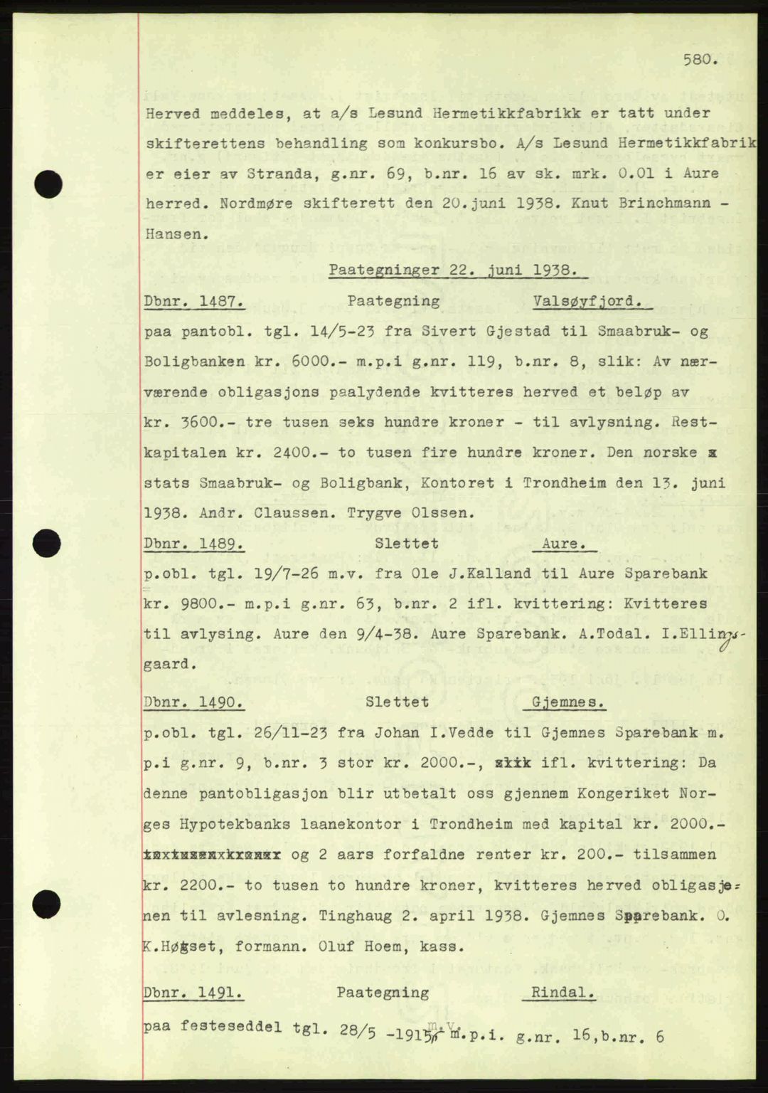 Nordmøre sorenskriveri, AV/SAT-A-4132/1/2/2Ca: Mortgage book no. C80, 1936-1939, Diary no: : 1487/1938