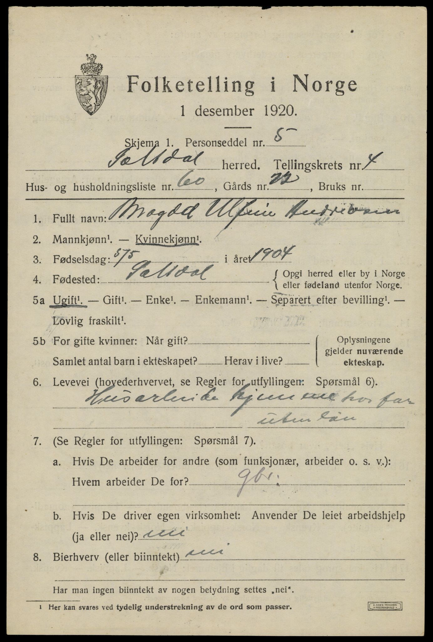 SAT, 1920 census for Saltdal, 1920, p. 6427