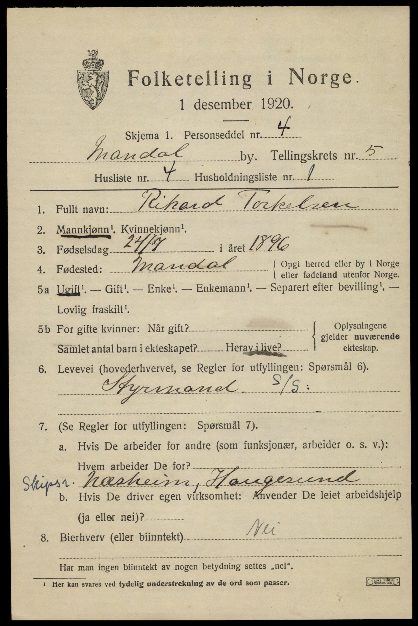 SAK, 1920 census for Mandal, 1920, p. 8231