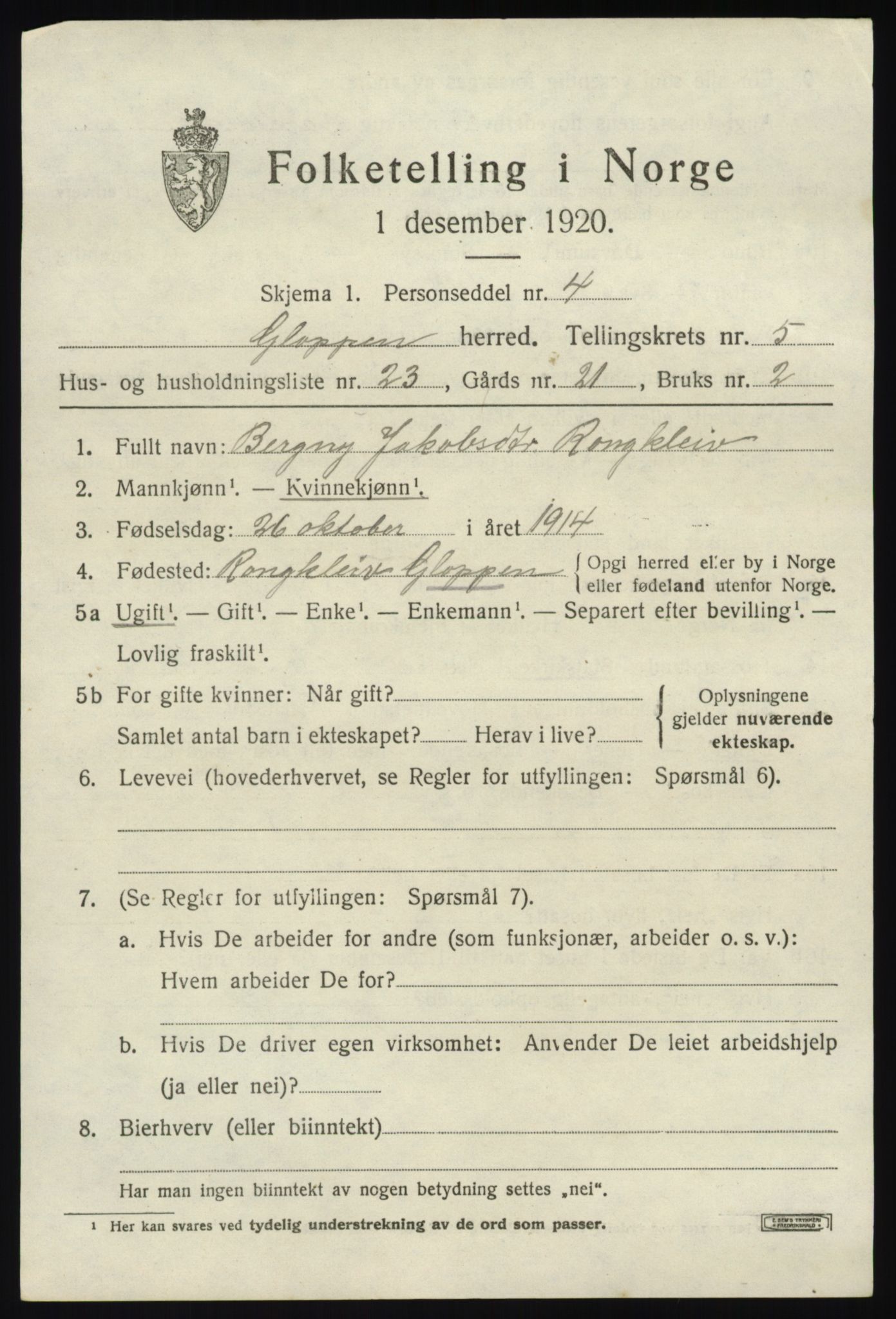 SAB, 1920 census for Gloppen, 1920, p. 3696