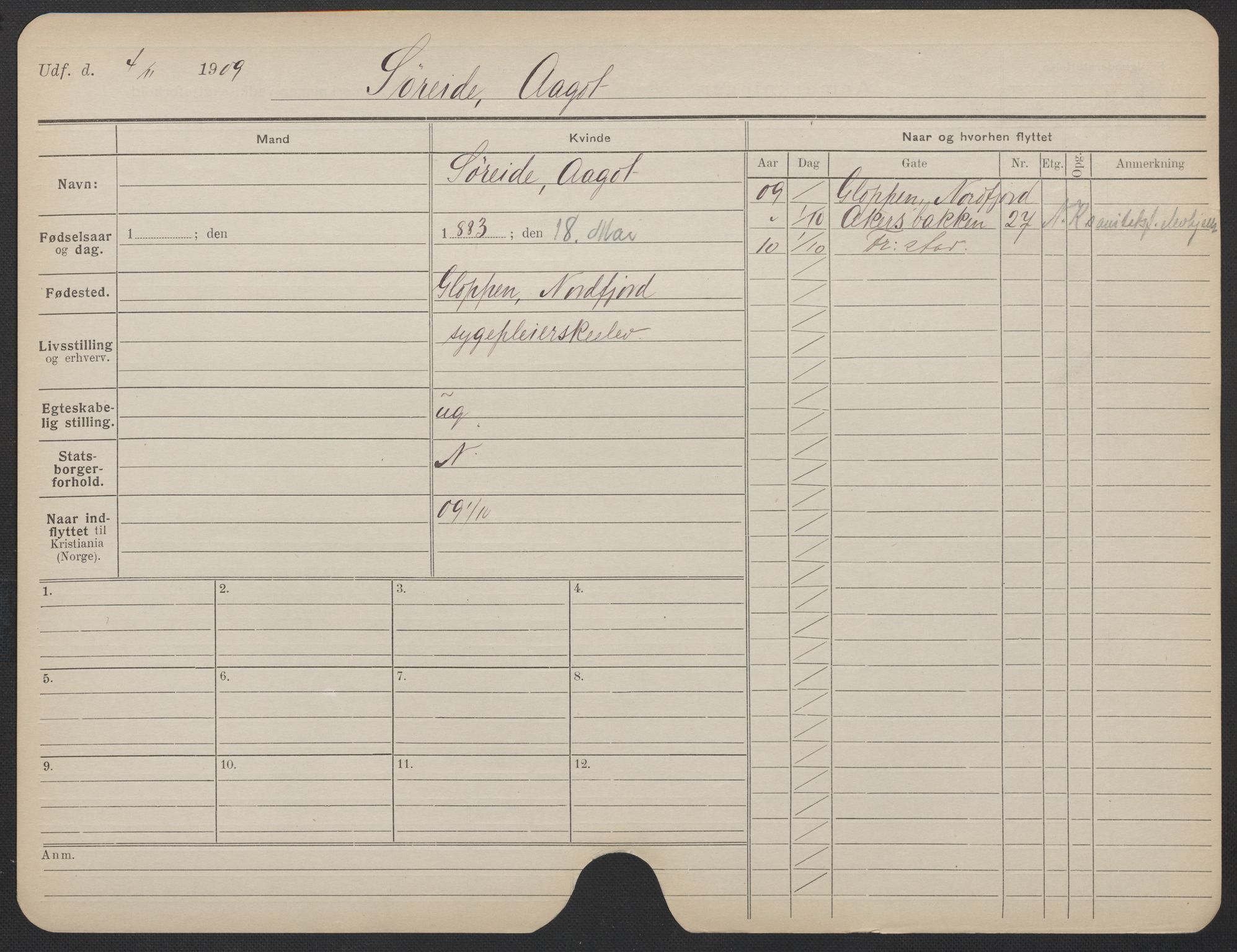Oslo folkeregister, Registerkort, AV/SAO-A-11715/F/Fa/Fac/L0024: Kvinner, 1906-1914, p. 857a