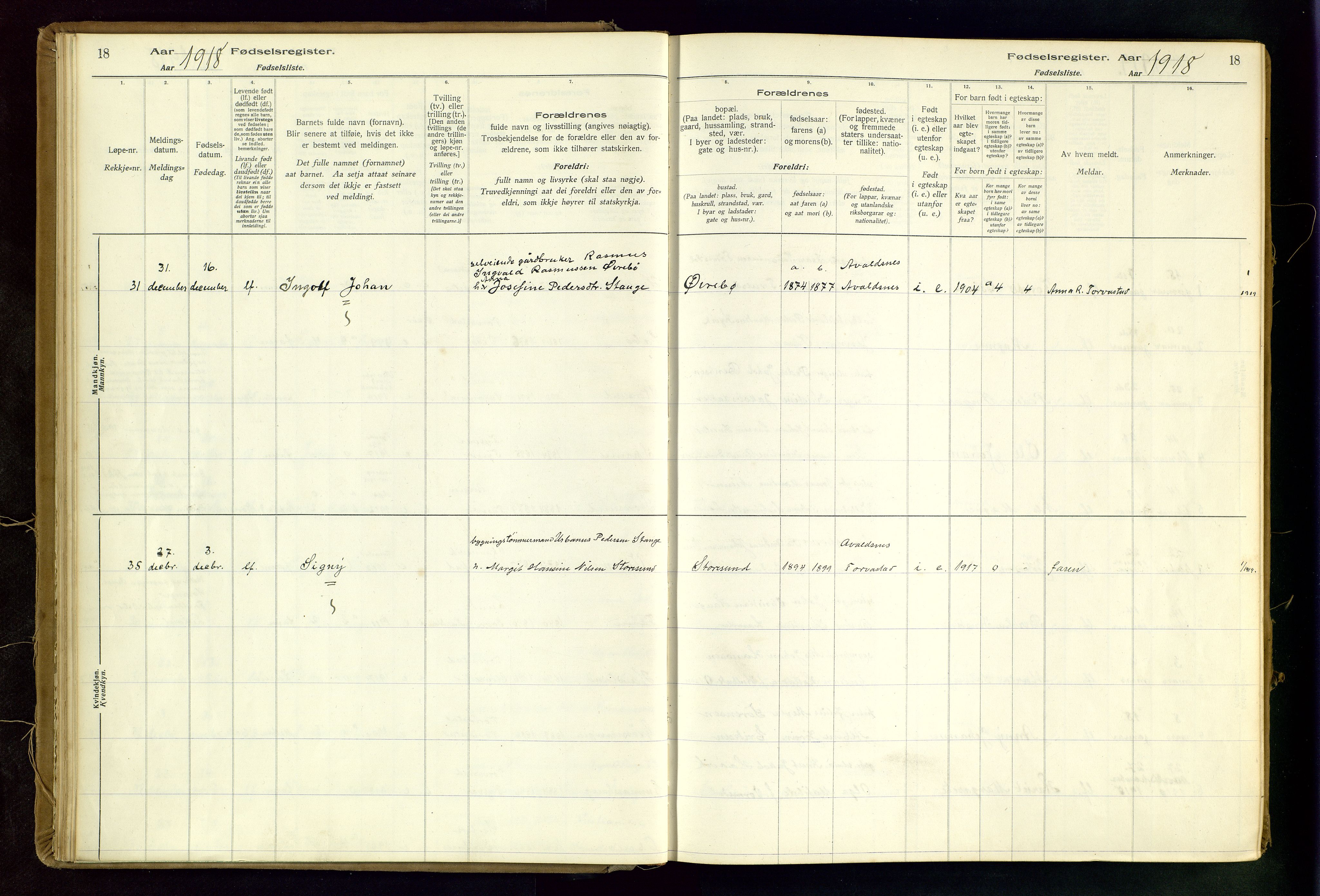 Torvastad sokneprestkontor, SAST/A -101857/I/Id/L0002: Birth register no. 2, 1916-1950, p. 18