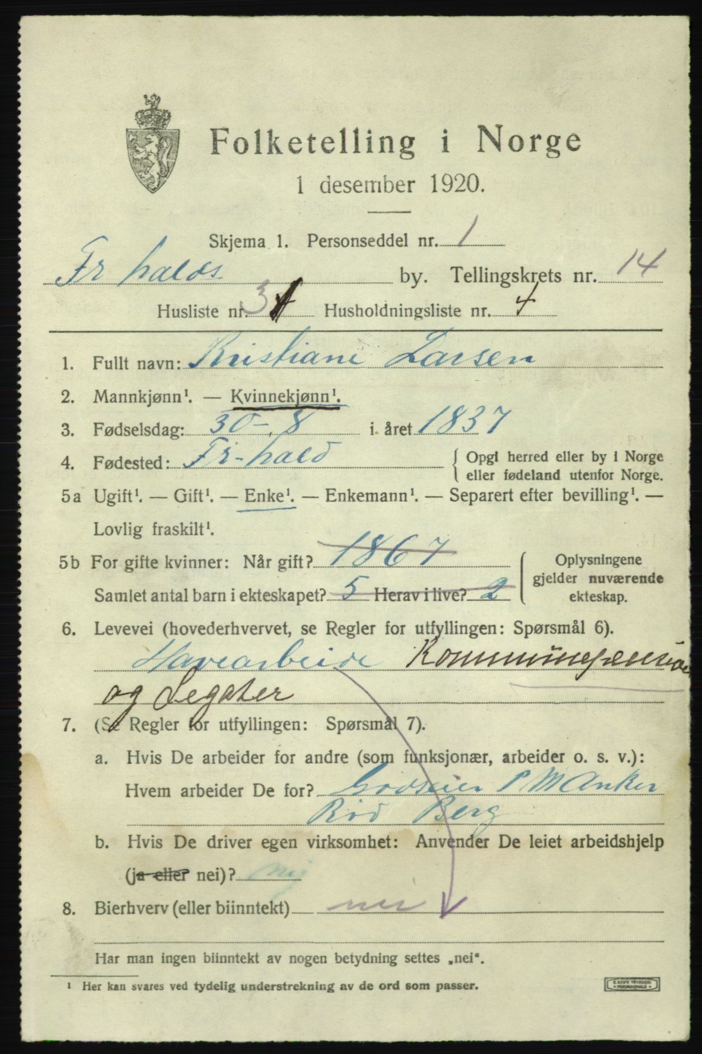 SAO, 1920 census for Fredrikshald, 1920, p. 23101