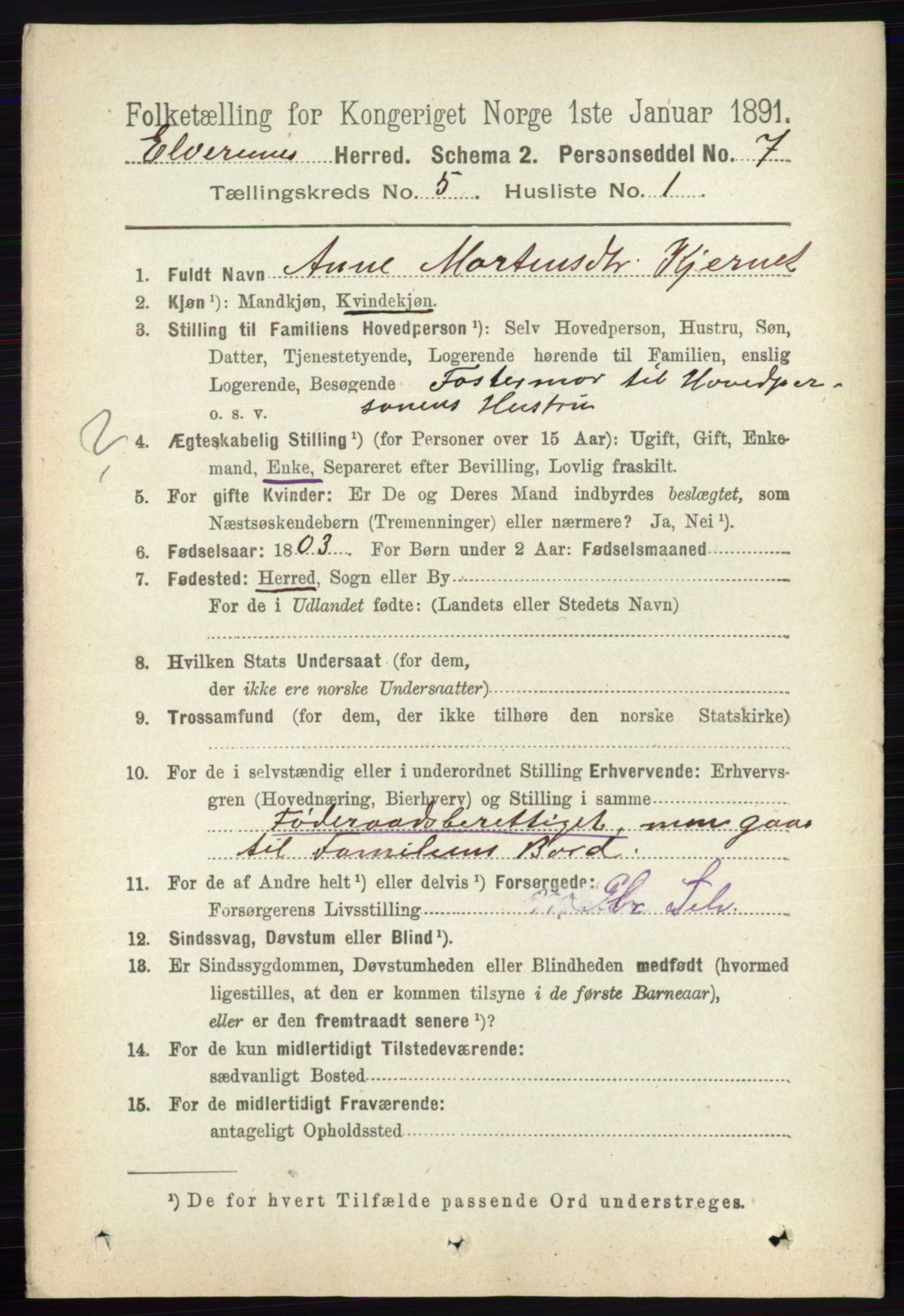 RA, 1891 census for 0427 Elverum, 1891, p. 3087