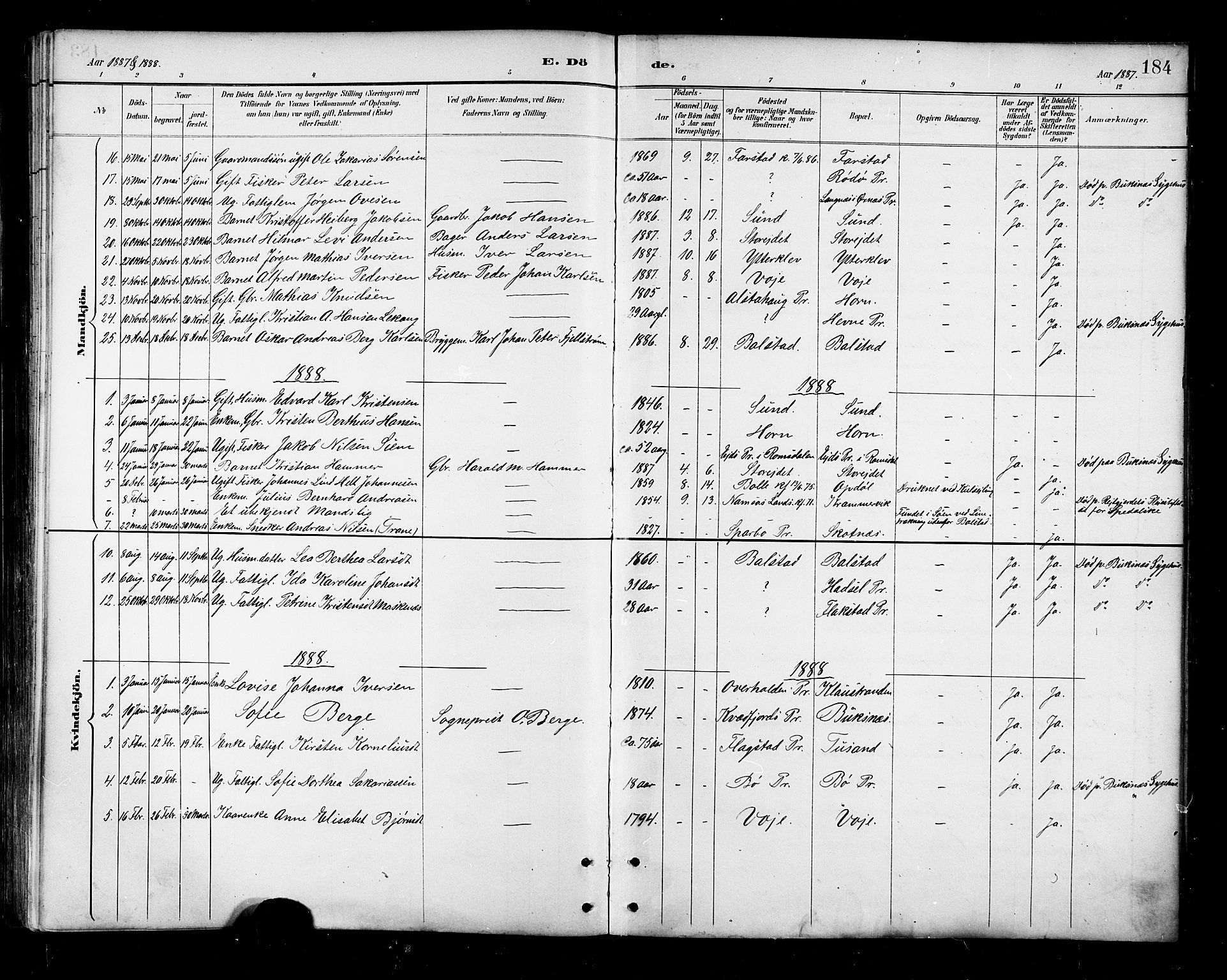 Ministerialprotokoller, klokkerbøker og fødselsregistre - Nordland, AV/SAT-A-1459/881/L1167: Parish register (copy) no. 881C04, 1886-1899, p. 184